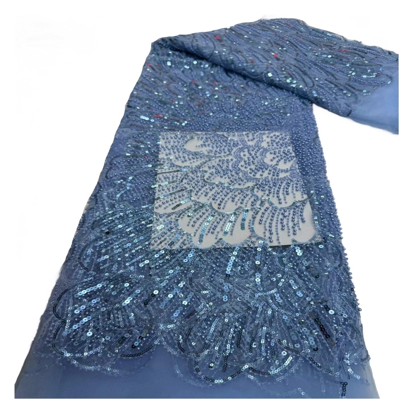 Tkanina z koralikami, kwiatowy haft cekinami, 5 jardów | Haftowana tkanina koronkowa, siatka z kwiatowej koronki, materiał krawiecki na suknię ślubną(Blue)