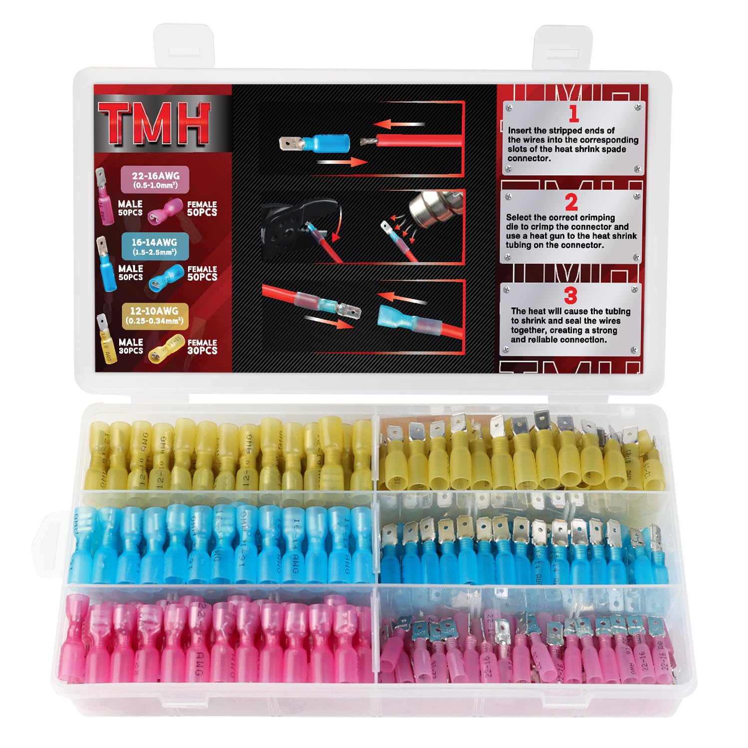 TMH 260 PCS Heat Shrink Spade Connectors AWG 22-10 Electrical Wire Connectors - Female and Male Spade Terminals for Watercraft, Electronics, Automotive Crimp Connectors