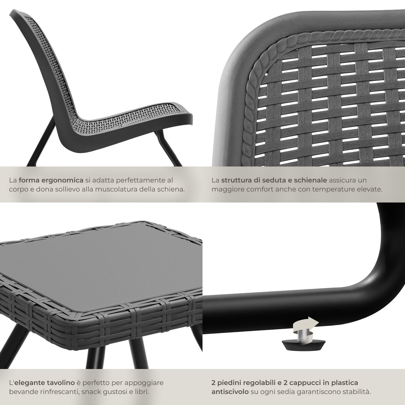 tectake® Salotto da Giardino in Rattan, Salotto da Giardino Esterno con Telaio in Acciaio, 1 Tavolino Salotto, 2 Sedie da Giardino con Schienali Ergonomici e Regolabili in Altezza - Grigio