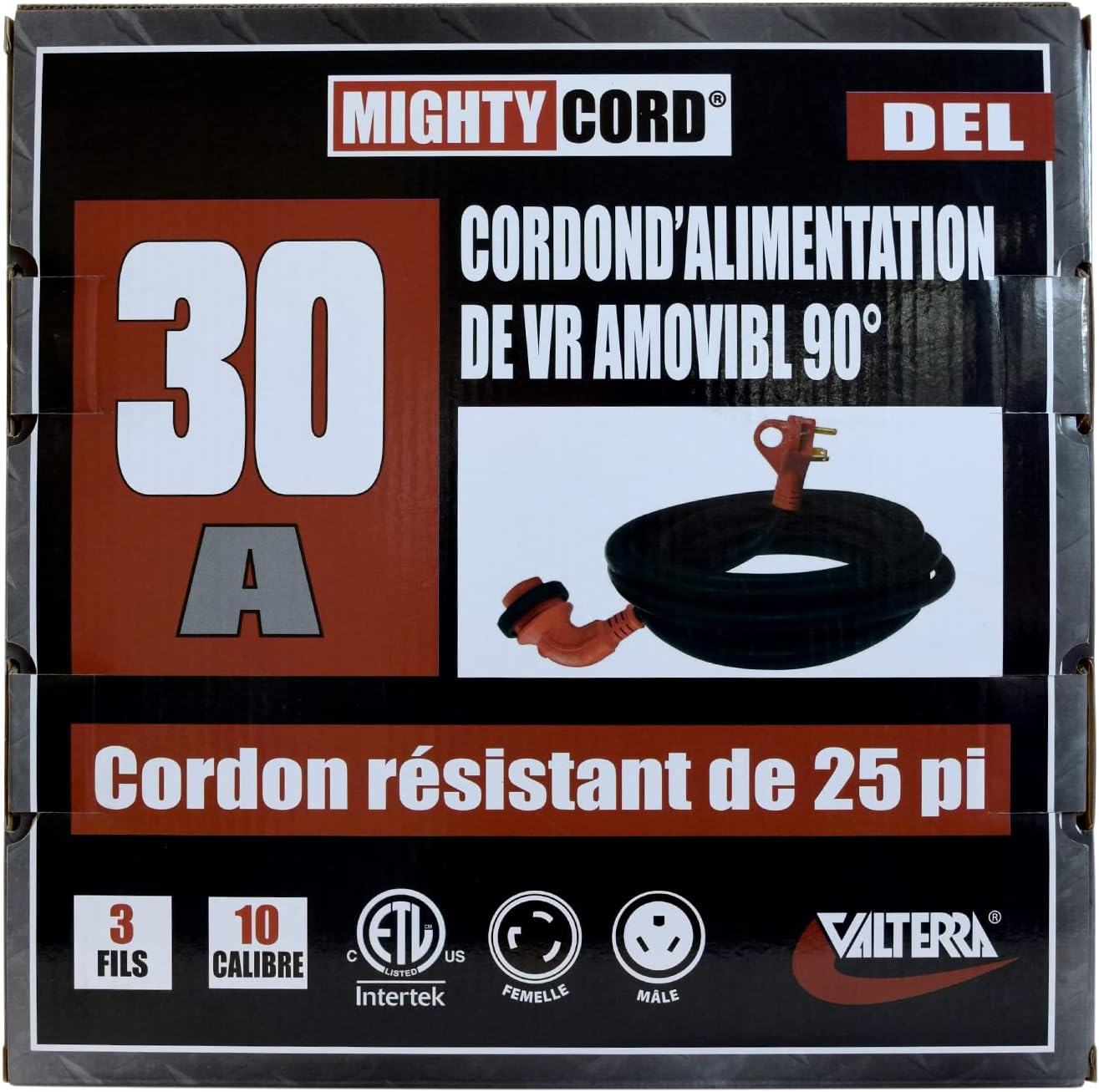 Valterra Mighty Cord RV 30-Amp 90-Degree Detachable Power Cord, 25-Foot Cord for RV, Red