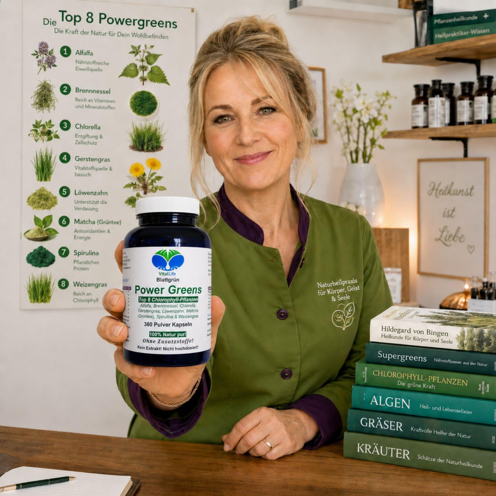 Green Power Greens Top8 Chlorophyll Supergreens 360 Pulver Kapseln mit Alfalfa Brennnessel Chlorella Gerstengras Löwenzahn Matcha Spirulina Weizengras. Natur pur. Ohne Zusatzstoffe. 26333-360