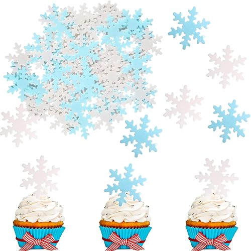 50 piezas comestibles de copos de nieve para cupcakes, blanco y azul, copos de nieve congelados de invierno, decoración para temática de copo de