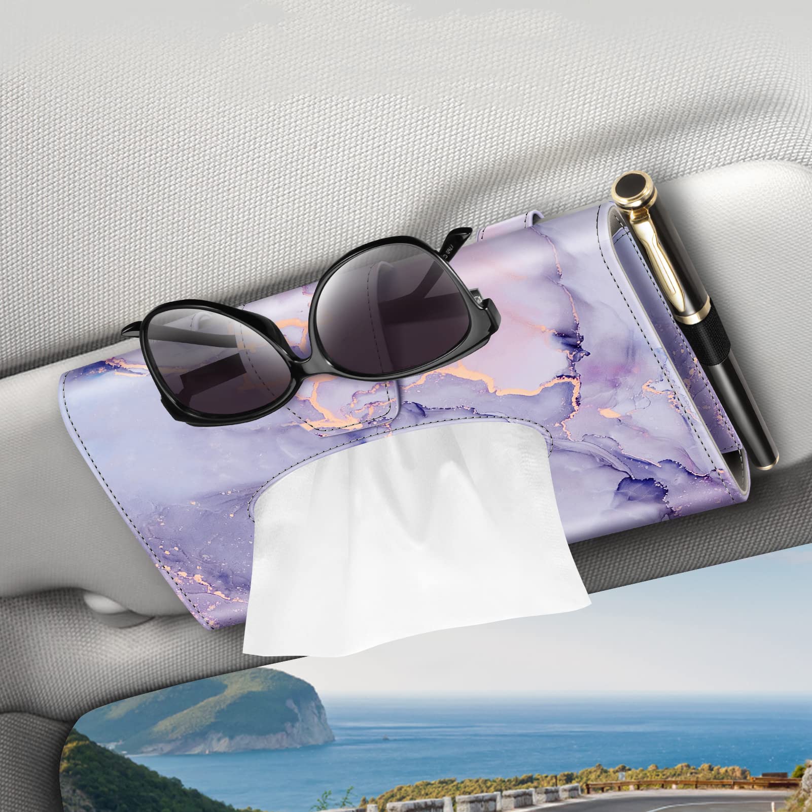 Casebot Lilac Marble Car Visor Tissue Holder, Sun Visor Napkin Holder, Mask Holder For Car, Pu Leather Backseat Tissue Box For Car Truck Suv,