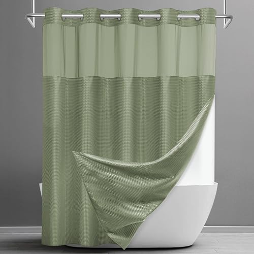 Miniatura 15 de Cortina de ducha sin gancho con forro a presión, cortina de ducha de gofre para baño, tela estilo hotel, forro interior impermeable, 71 pulgadas de