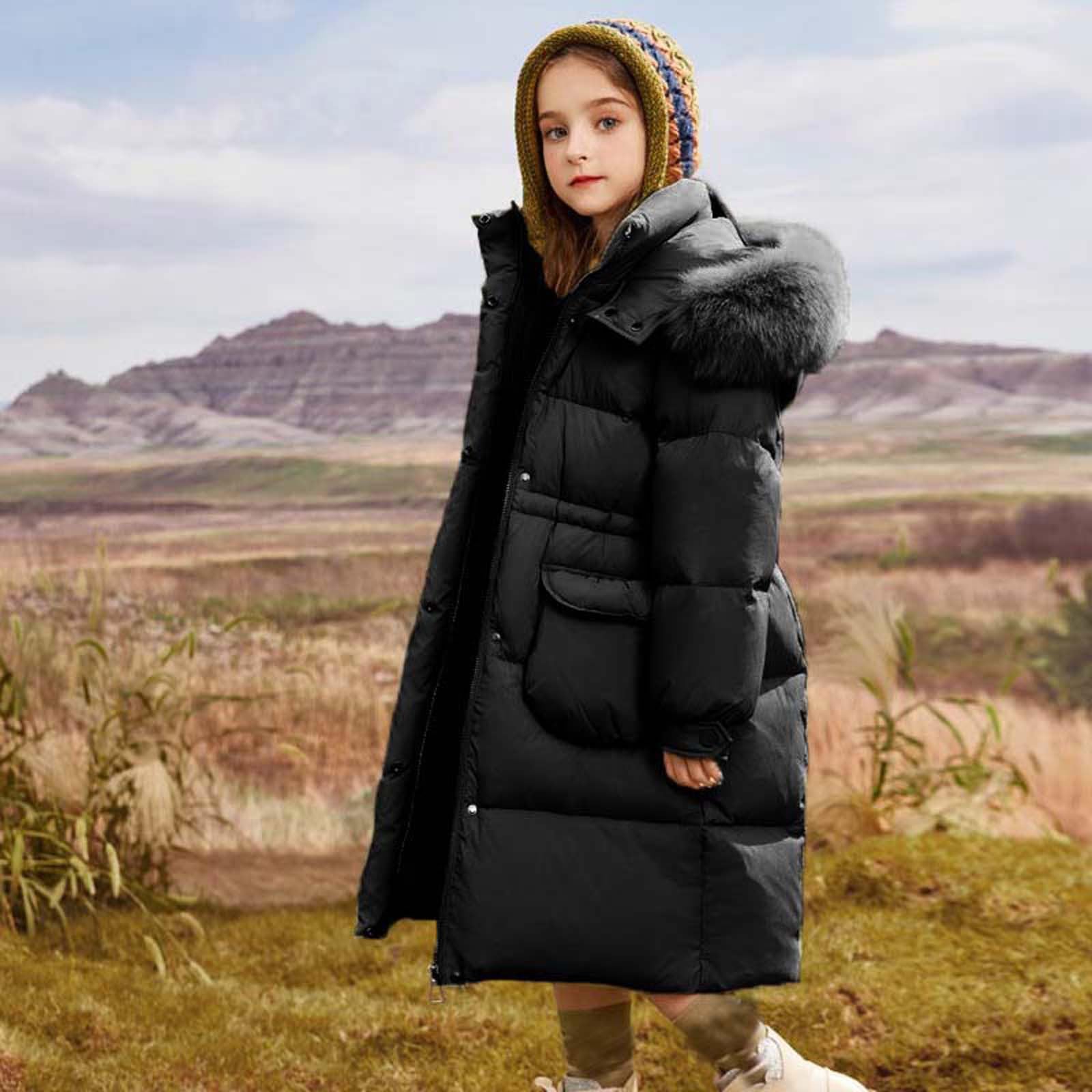 Winterjacke Mädchen Langer Puffer Daunenmantel mit Fellkapuze Winddicht Warm Steppjacke Kinder