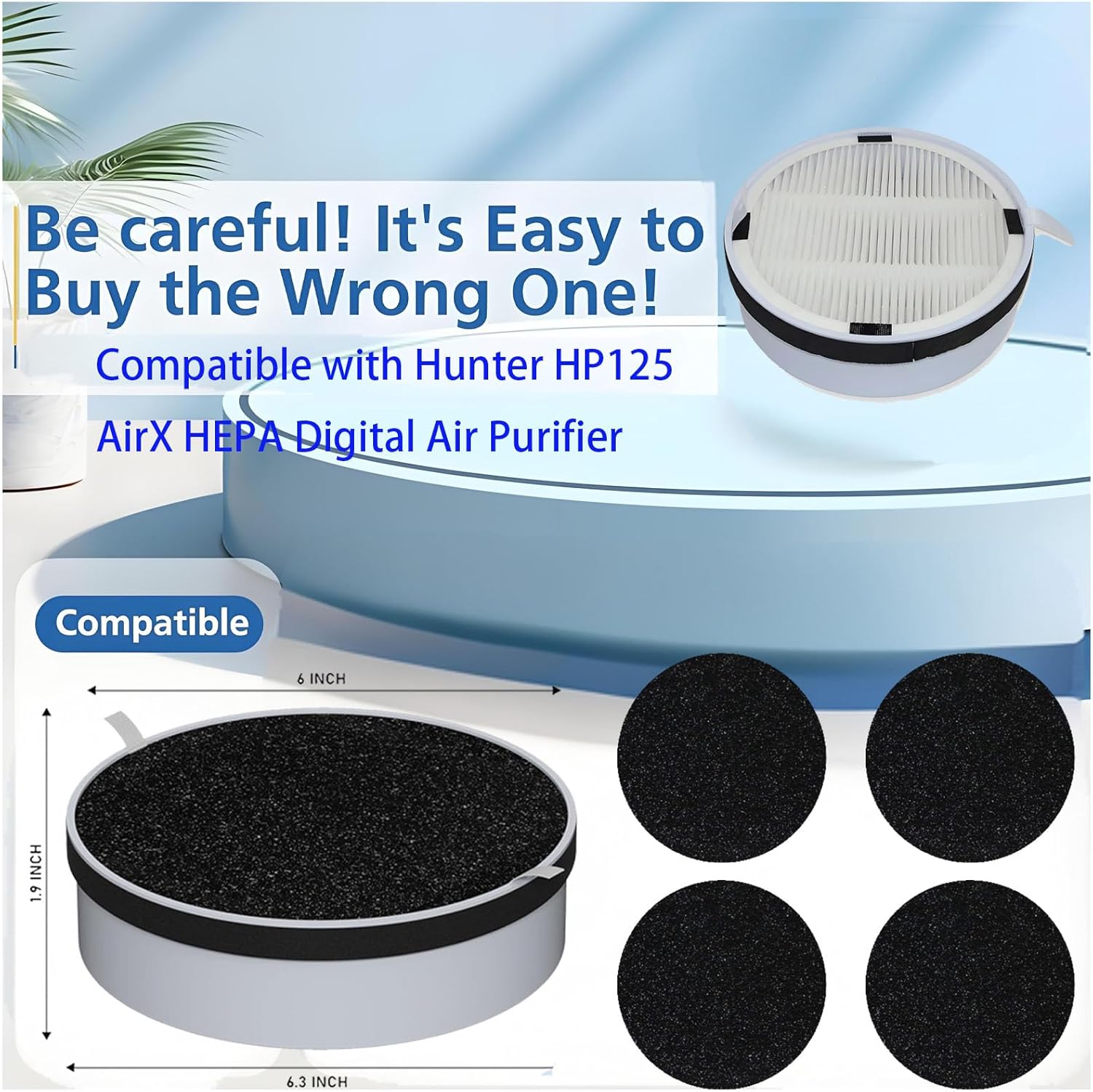 HP125 Filter Replacement Compatible with Hunter HP125 AirX Digital Air Purifier, Part Number H-HF125-VP H-HF125, 2 Filter +4 Activated Carbon Filter