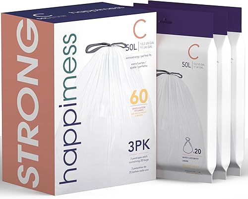 happimess HPM3000C-WHITE - Bolsas de basura con cordón de cocina de 13.2 galones, forro para botes de basura, color blanco, 60 unidades, 3 paquetes