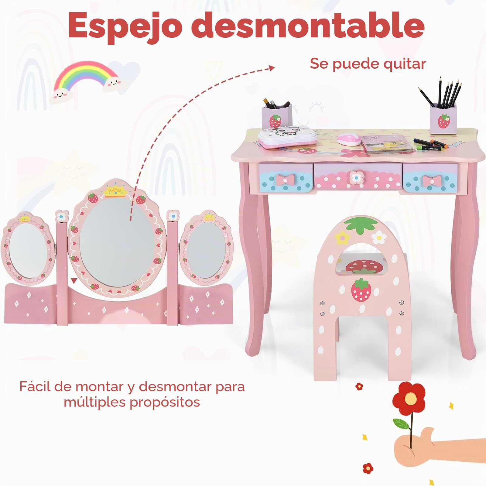 LIFEZEAL Tocador Infantil con Espejo, Juego de tocador de Maquillaje con Taburete, Mesa de Madera con Espejo extraíble, Escritorio con 3 cajones y 2 Cajas para niñas 3 años（Rosa）
