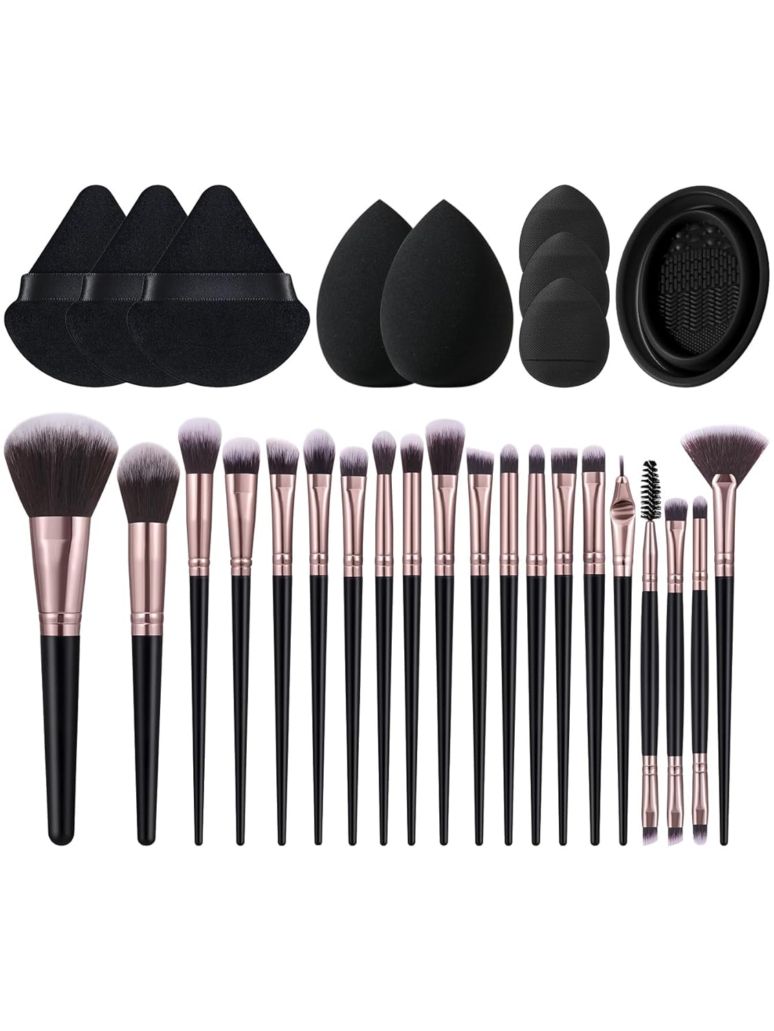 Kit de ferramentas de maquiagem com 29 peças, conjunto de pincéis de maquiagem e esponjas de maquiagem para líquido, creme e pó – polido, mistura e pincel facial (preto)