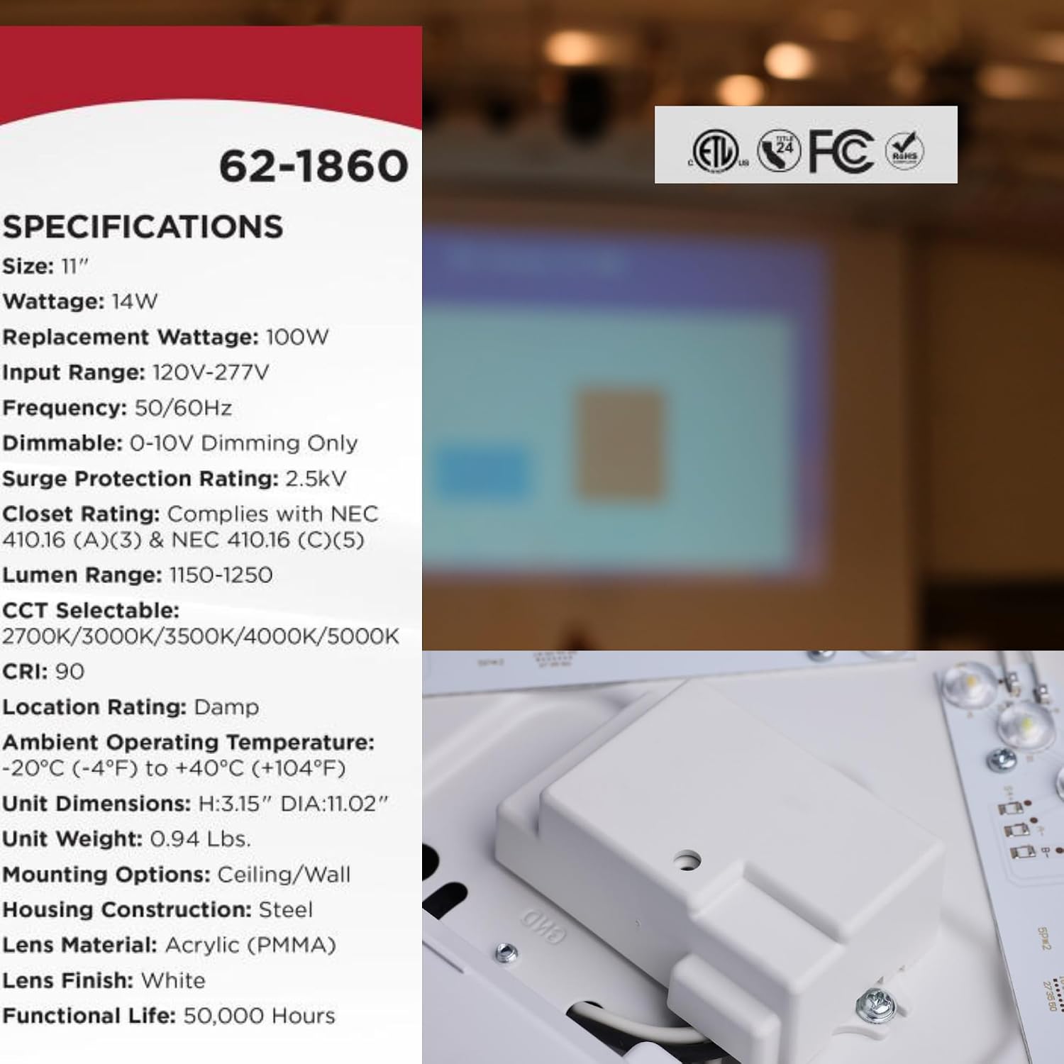 Detailed specifications for Satco 62-1860 LED Cloud Fixture, including size, wattage, input range, dimmable type, lumen range, CCT selectable options, CRI, and certifications.