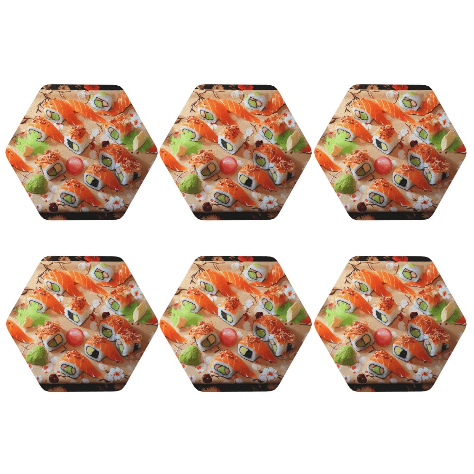 6Pcs PU Leather Coaster for Drinks, Delicious Sushi Cup Coastersr 4" Cup Mat Pad, Aesthetic Drink Coasters for Coffee Table, Hexagon Coaster for Tabletop Protection