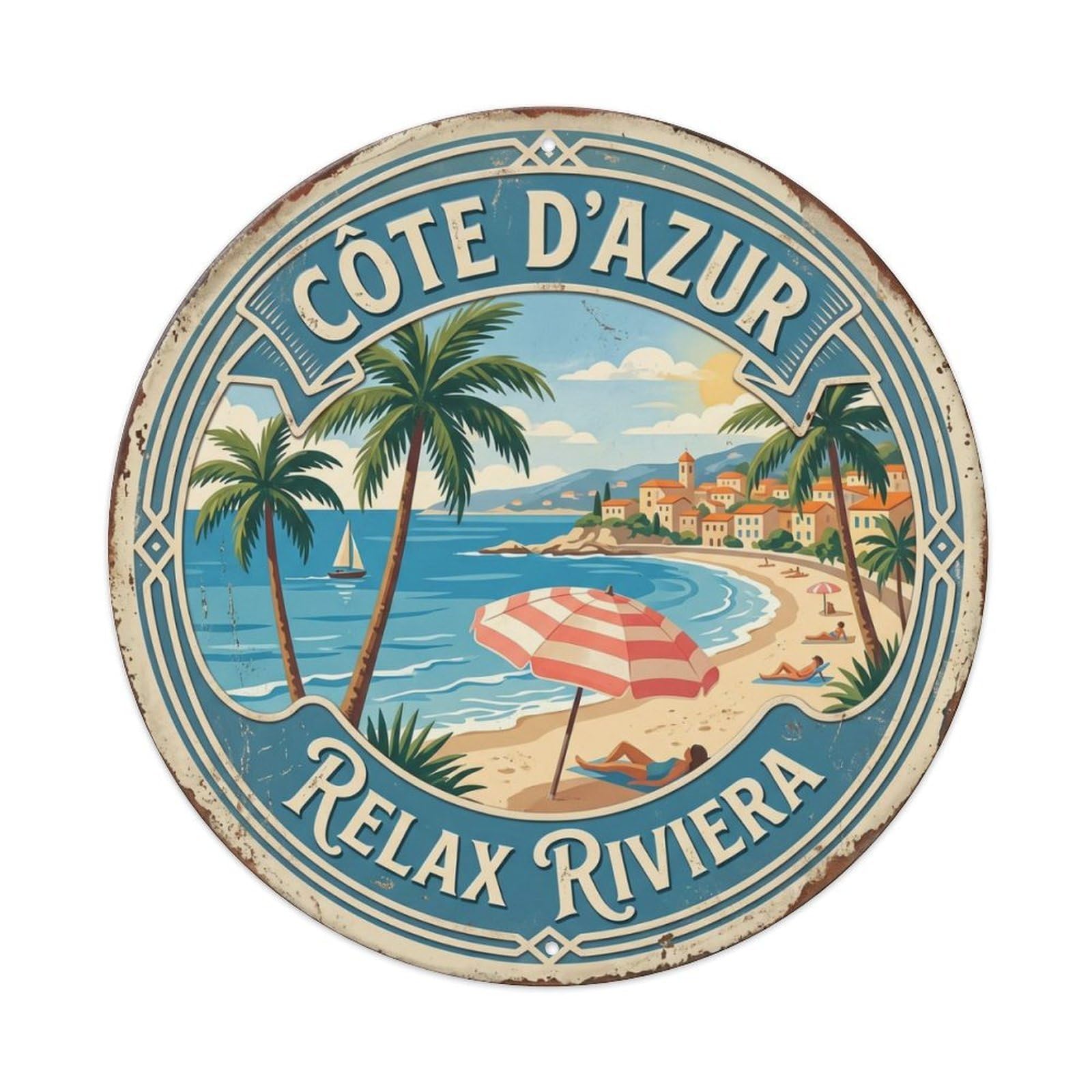 Riviera Azure Relax France Coast Metal Tin Sign Plaque Wall Decor for Cafe, Club Bar, Office, Home Garden Round Metal Poster 8x8Inch