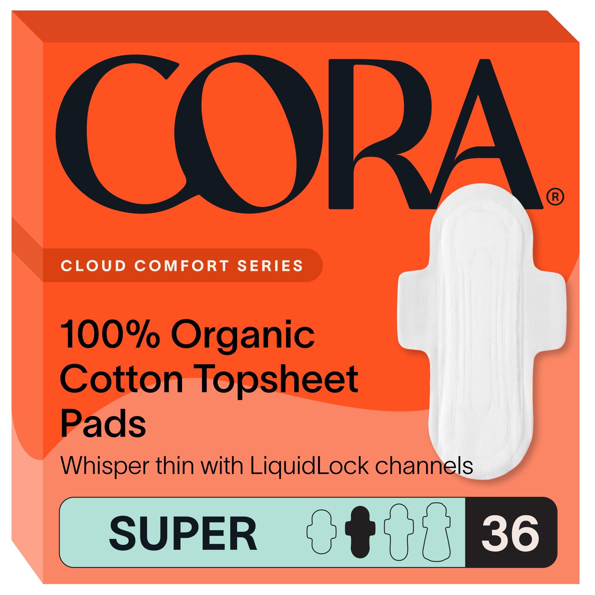 Cora Ultra Thin Organic Cotton Period Pads, Super Absorbency, with Wings & Dry Wicking Technology (36 Count)