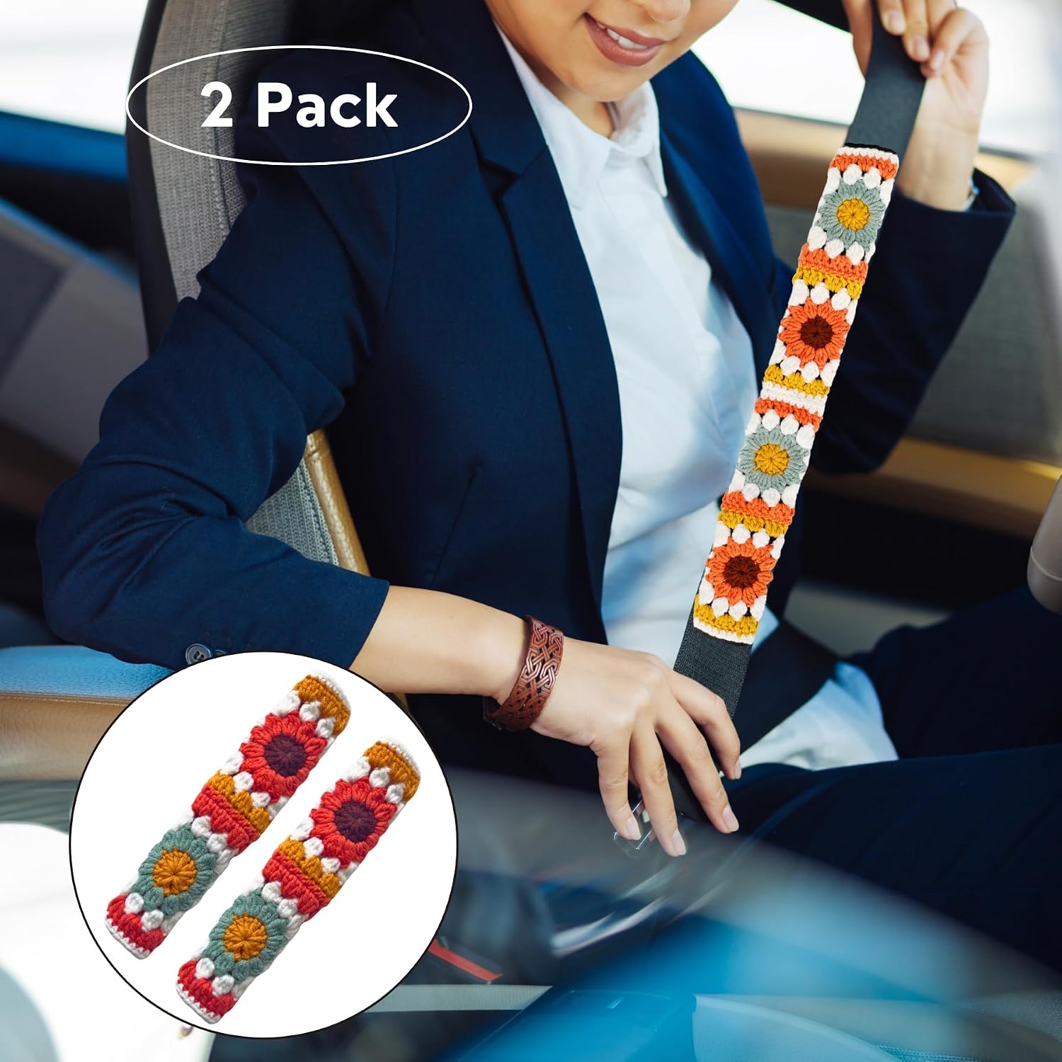 Crochet Automotive Seat Belt Cover Pad, Cute Sunflower Car Accessories for Women, Shoulder Pads Cushions, Daisy Granny Square Crochet Accessories 2 PCS-HZYZW (Multicolor Sunflower)