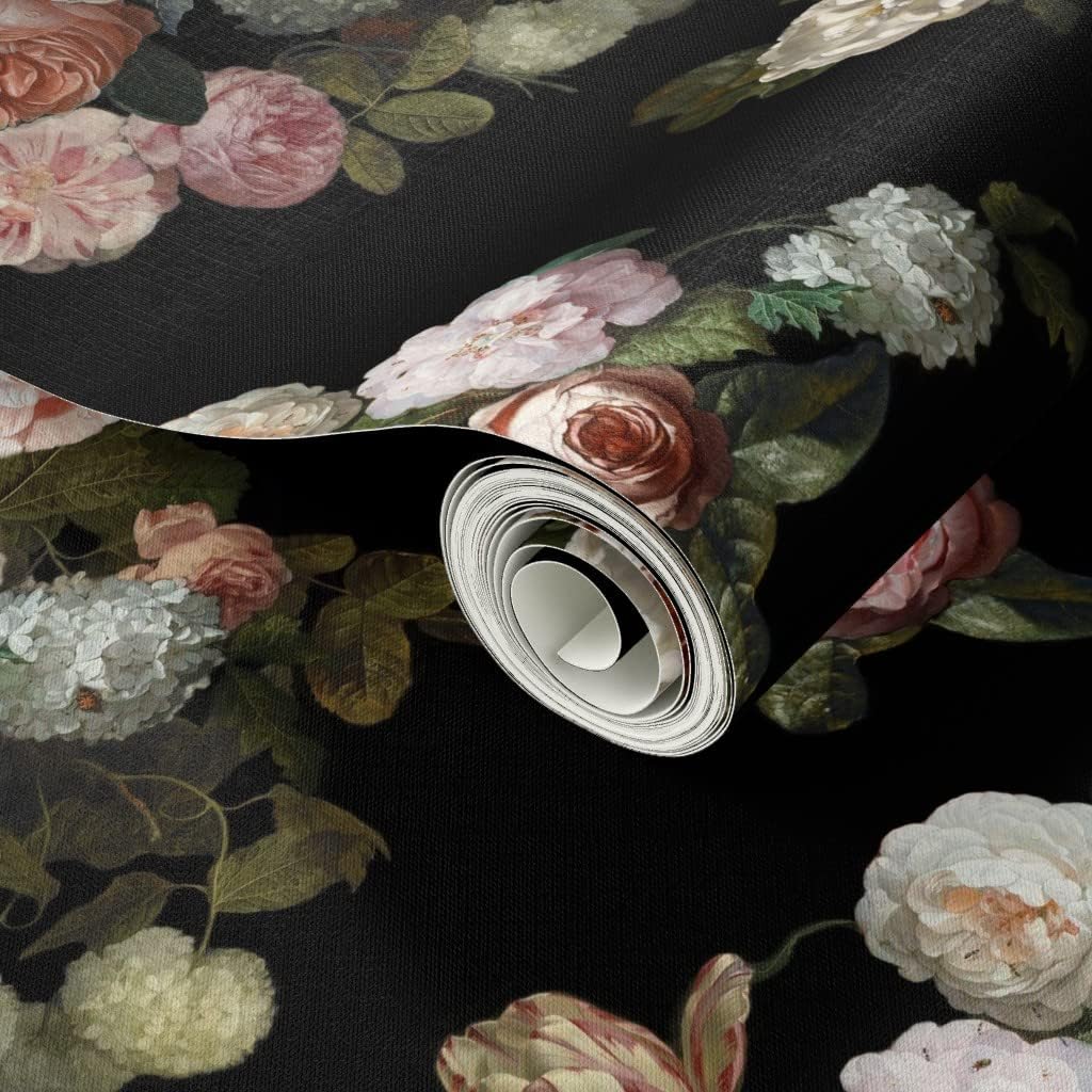 Peel & Stick Wallpaper 3ft x 2ft - Floral Painting Blossoms Pink Black Romantic French Custom Removable Wallpaper by Spoonflower