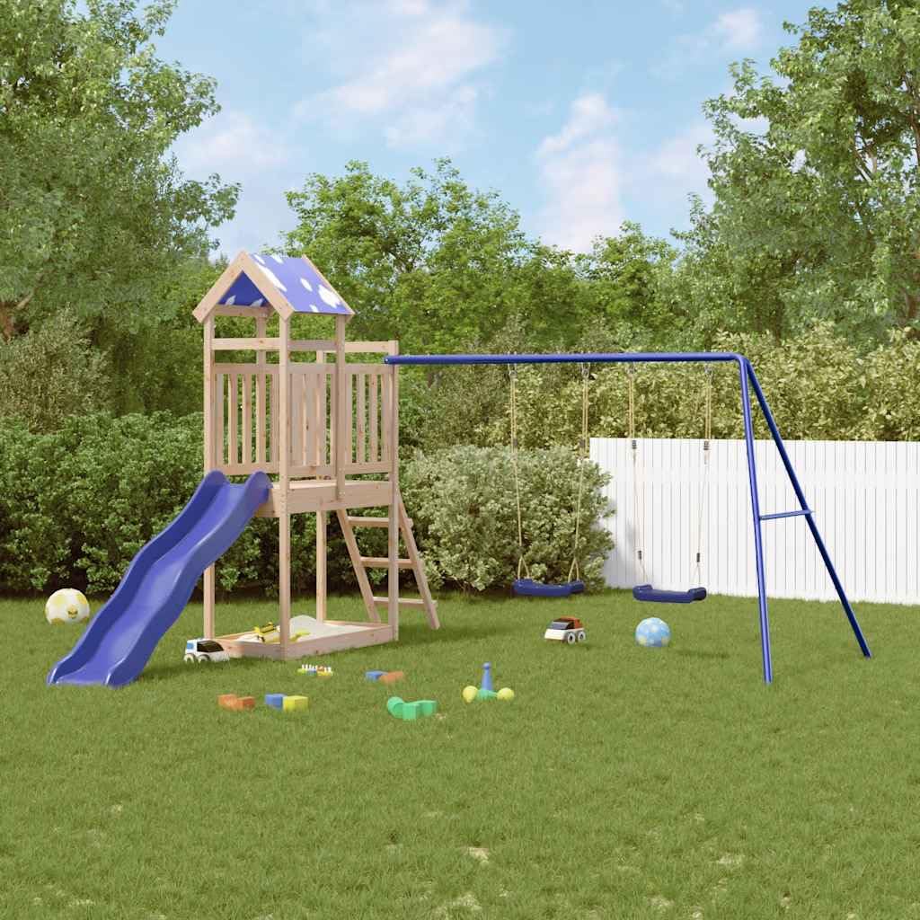 Torre de juegos de madera maciza de pino con tobogán ondulado, columpio doble, arenero y escalera para jardín, patio y terraza, pedestal de 90 cm, parque infantil para niños de 3 a 8 años