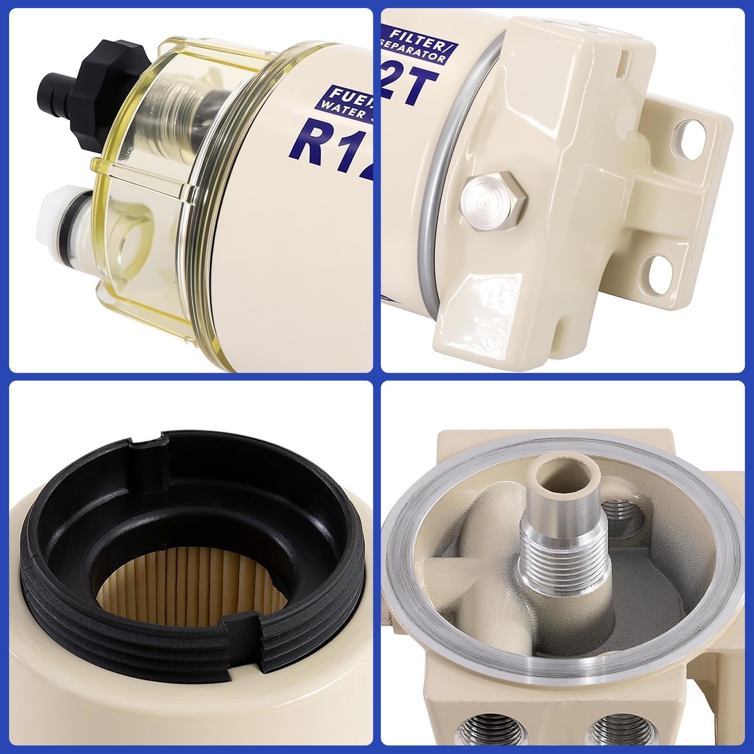 R12T Marine Fuel Water Separator Kit, 10 Micron Filter, Replace S3240 120AT, Fit 1/4 Inch NPT Outboard Motors for Gas & Diesel Engines Includes 2 fittings, 2 plugs