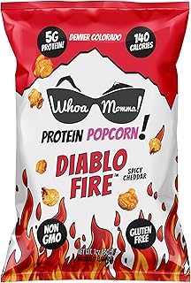 Whoa Momma! Protein Popcorn (5g Protein) Diablo Fire Spicy Cheddar, 12-Pack of 1oz Bags – High Protein, Gluten Free Cheese Popcorn – No Seed Oils, Low Calorie Healthy Snack for Adults