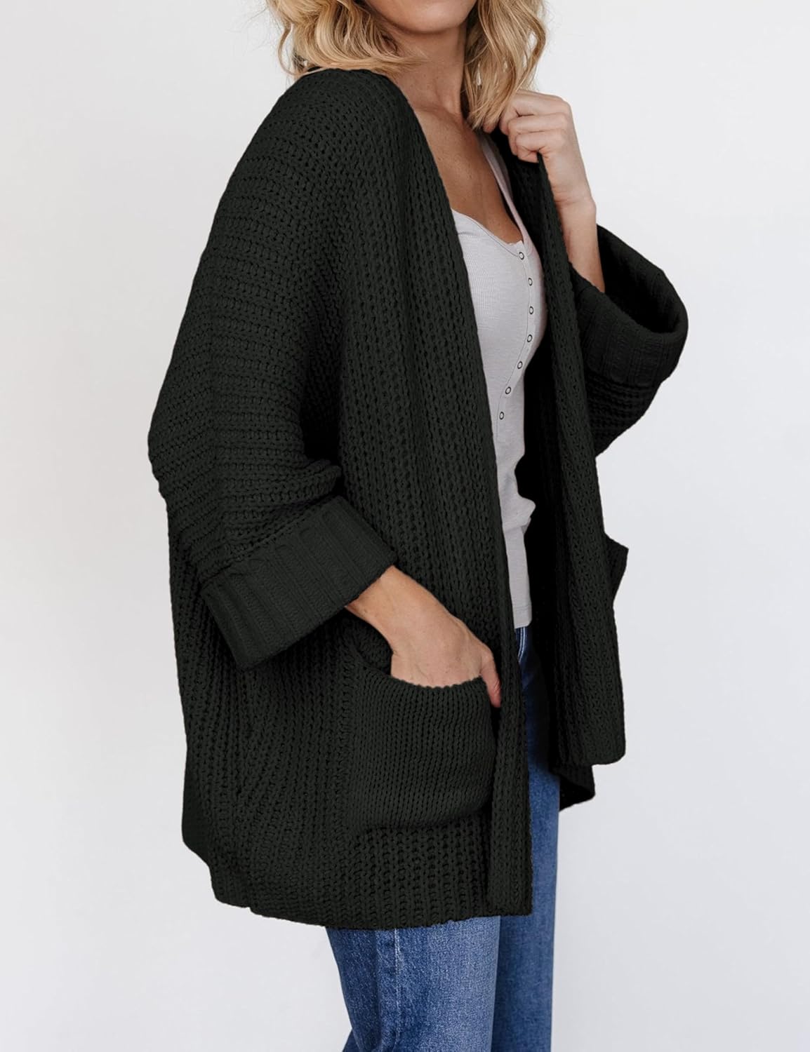 Athlisan Women's Oversized 3/4 Sleeve Open Front Knit Cardigan Outwear with Pockets(Black-L) - Image 2