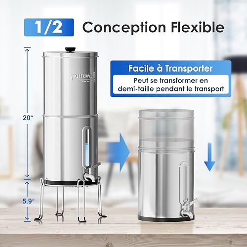 Purewell Filtre à Eau par Gravité 8,5L - Système de Filtration Familial avec Charbon Actif - Purificateur d'Eau pour Robinet et Eau de Pluie - Technologie Ultrafiltration - Grande Capacité - 9