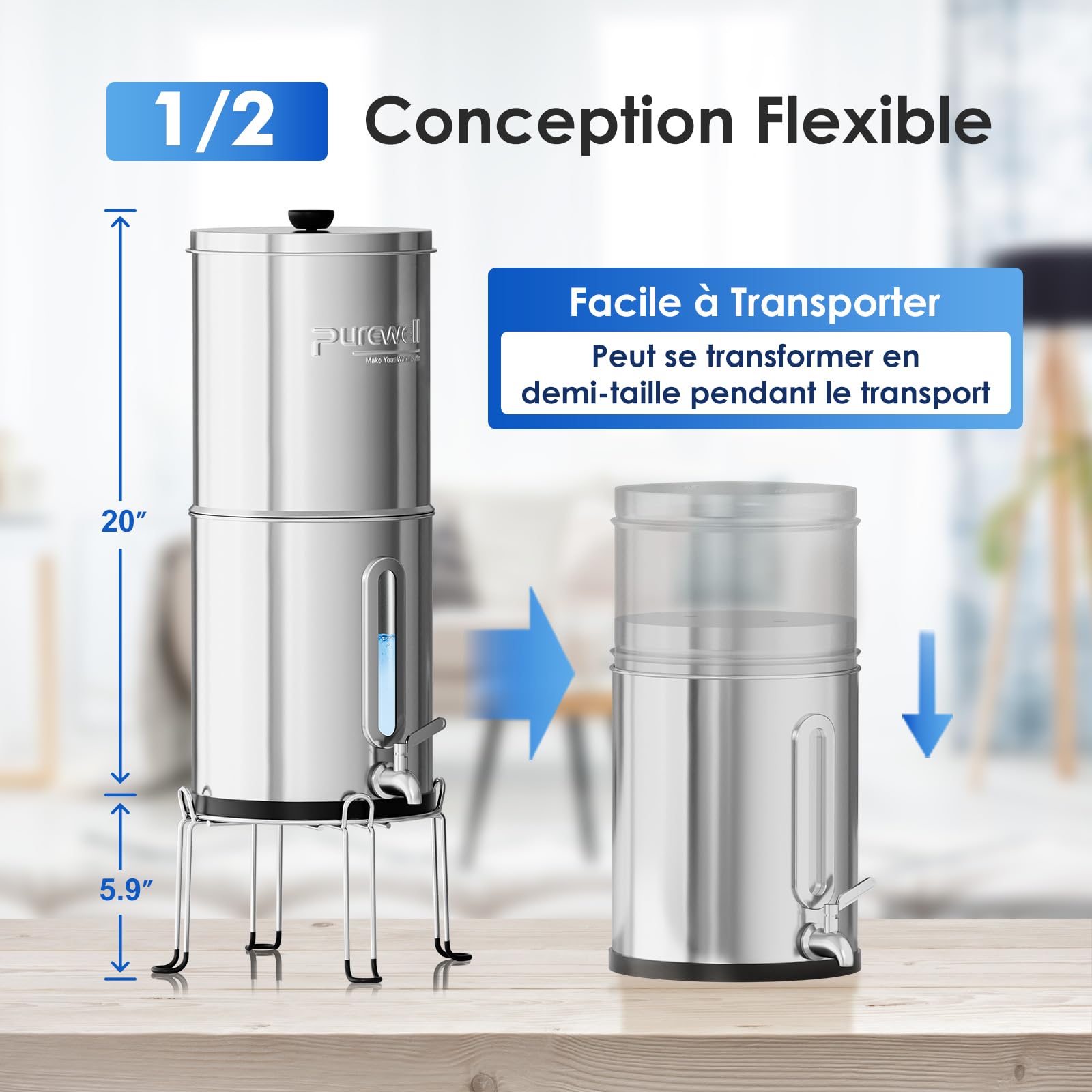 Purewell Filtre à Eau par Gravité 8,5L - Système de Filtration Familial avec Charbon Actif - Purificateur d'Eau pour Robinet et Eau de Pluie - Technologie Ultrafiltration - Grande Capacité