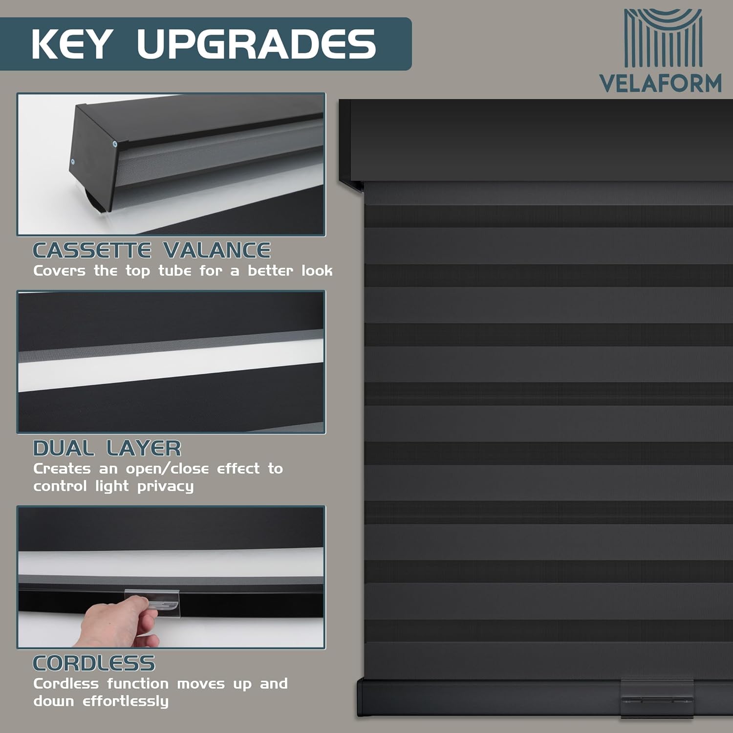Cordless Zebra Window Blinds (62" W x 72" H, Black), Dual Layer Light Filtering, Free-Stop, Safe for Pets