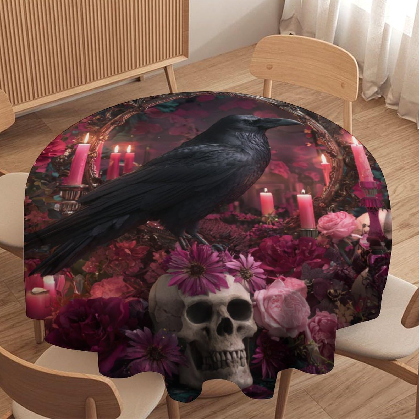 LUYYSKY Retro Realistic Animal Crow Round Tablecloth Beautiful Abstract Gothic Halloween Roses Floral Crow Skull Skeleton Washable Decor for Table Cover for Kitchen-177.8" Wx177.8 L cm