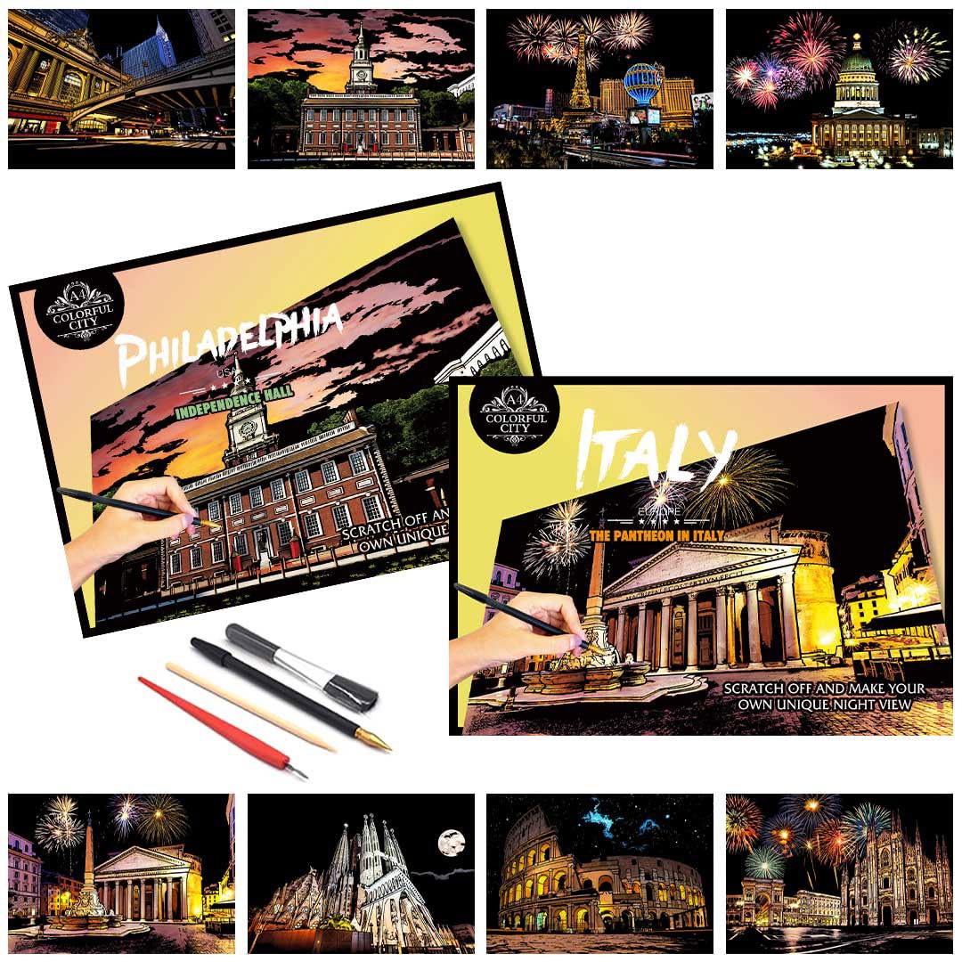 Iskueal Scratch Painting for Adults,Scratch Art Scratchboard,Family Creative DIY Painting Papers,8 Sheets with 4 Tools (Philadelphia/Italy)