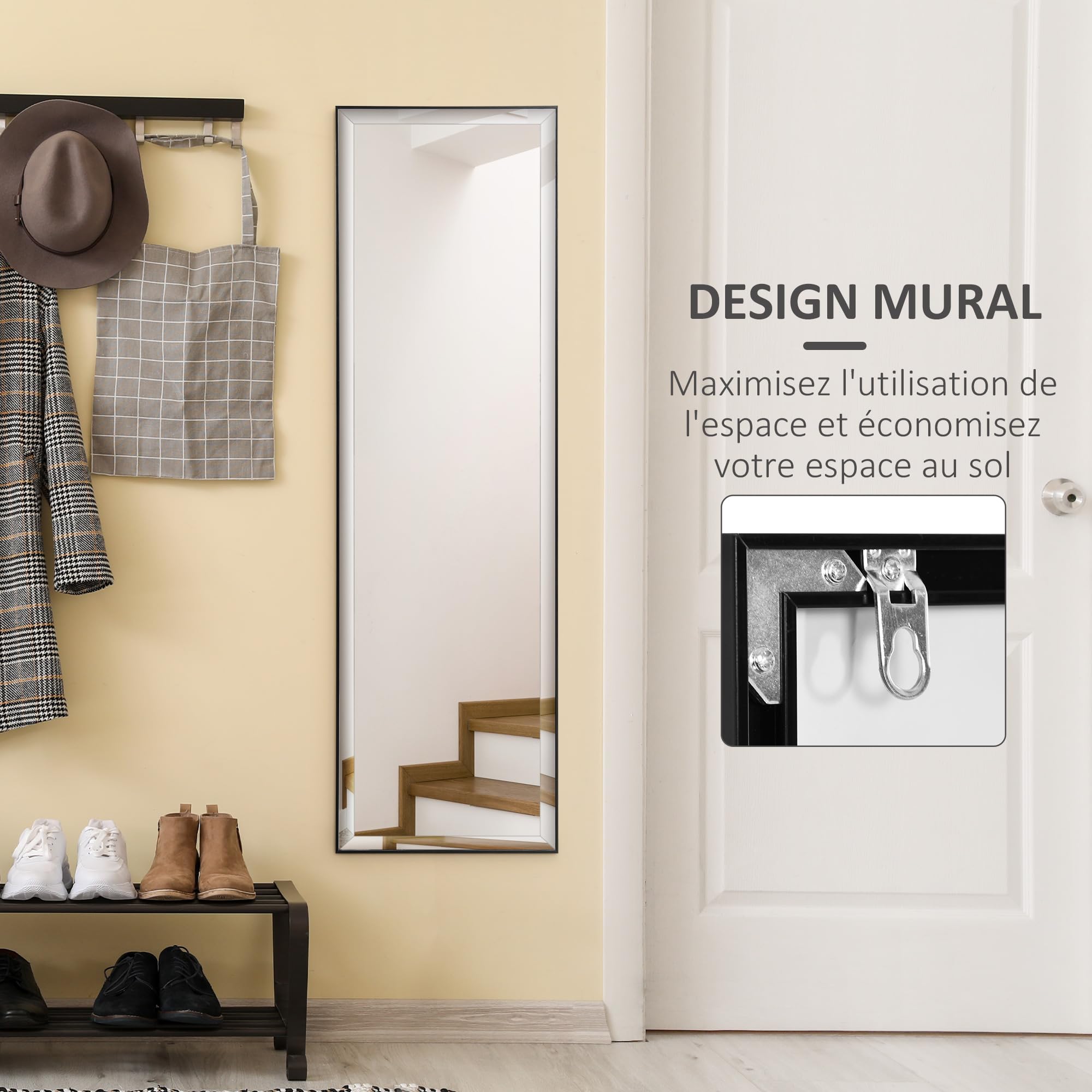 HOMCOM Miroir Mural Film Sécurité Anti Déflagrant 120L x 35l cm Noir | Système Attache Inclus, Cadre Alliage Alu.