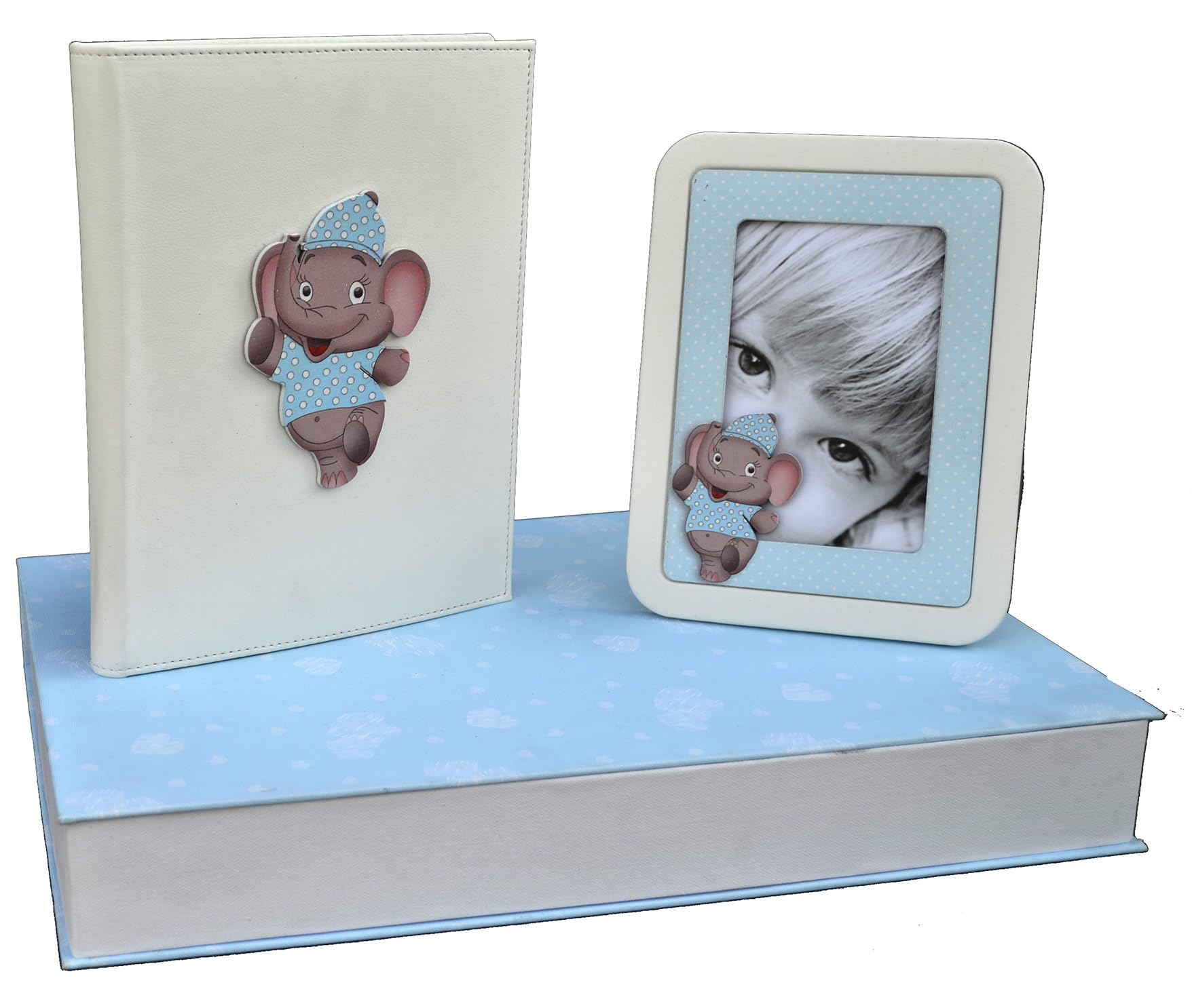 Benvenuto al Mondo: Set regalo tema Elefantino con Diario e Portafoto da tavolo Neonato nascita (Celeste)