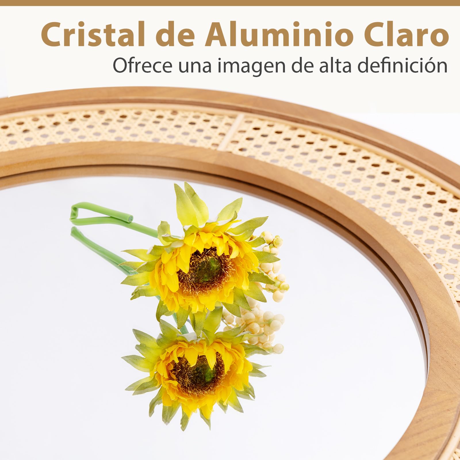 GOPLUS Espejo de Pared de Ratán, Espejo Redondo Bohemio de 65 cm con Marco de Madera, Vidrio de Aluminio, Espejo Decorativo Rústico para Sala, Dormitorio, Entrada, Baño, Instalación Fácil, Natural