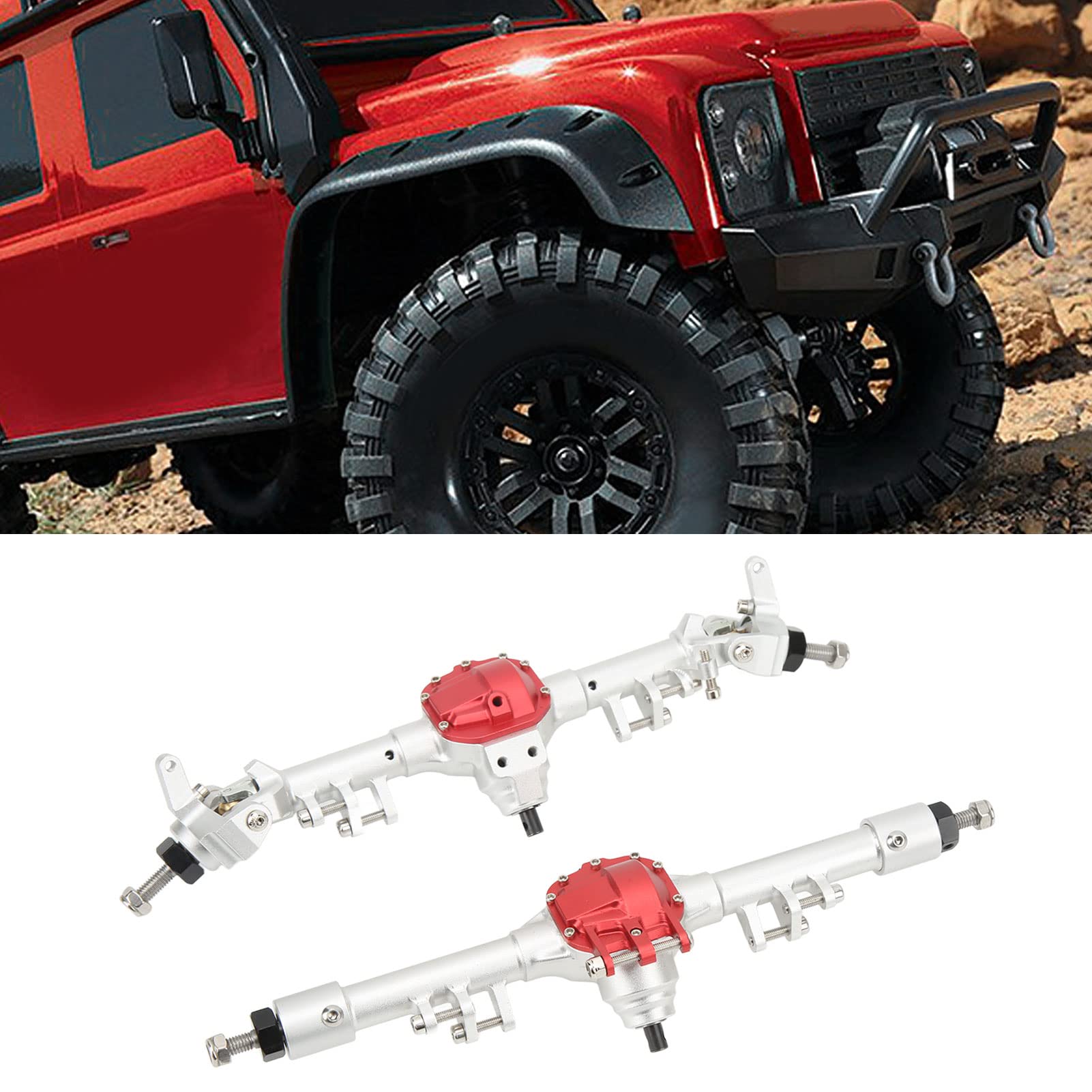 Zestaw przednich i tylnych osi RC z metalu, duży zintegrowany układ kierowniczy, oś samochodu RC do SCX10 II 90046 90047 D90 D1101/10 RC samochód gąsienicowy (srebrny czerwony)