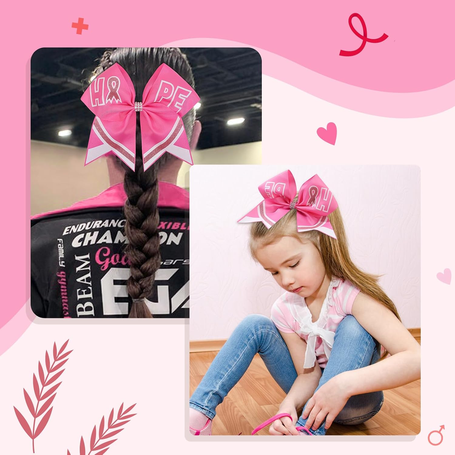 CN 8PCS 7" Breast Cancer Awareness Large Cheer Bows,Hot Pink Ribbon Cheerleading Bows Ponytail Holder for Girls, Glitter Cheer Hair Bows with Elastic Hair Tie for Competition