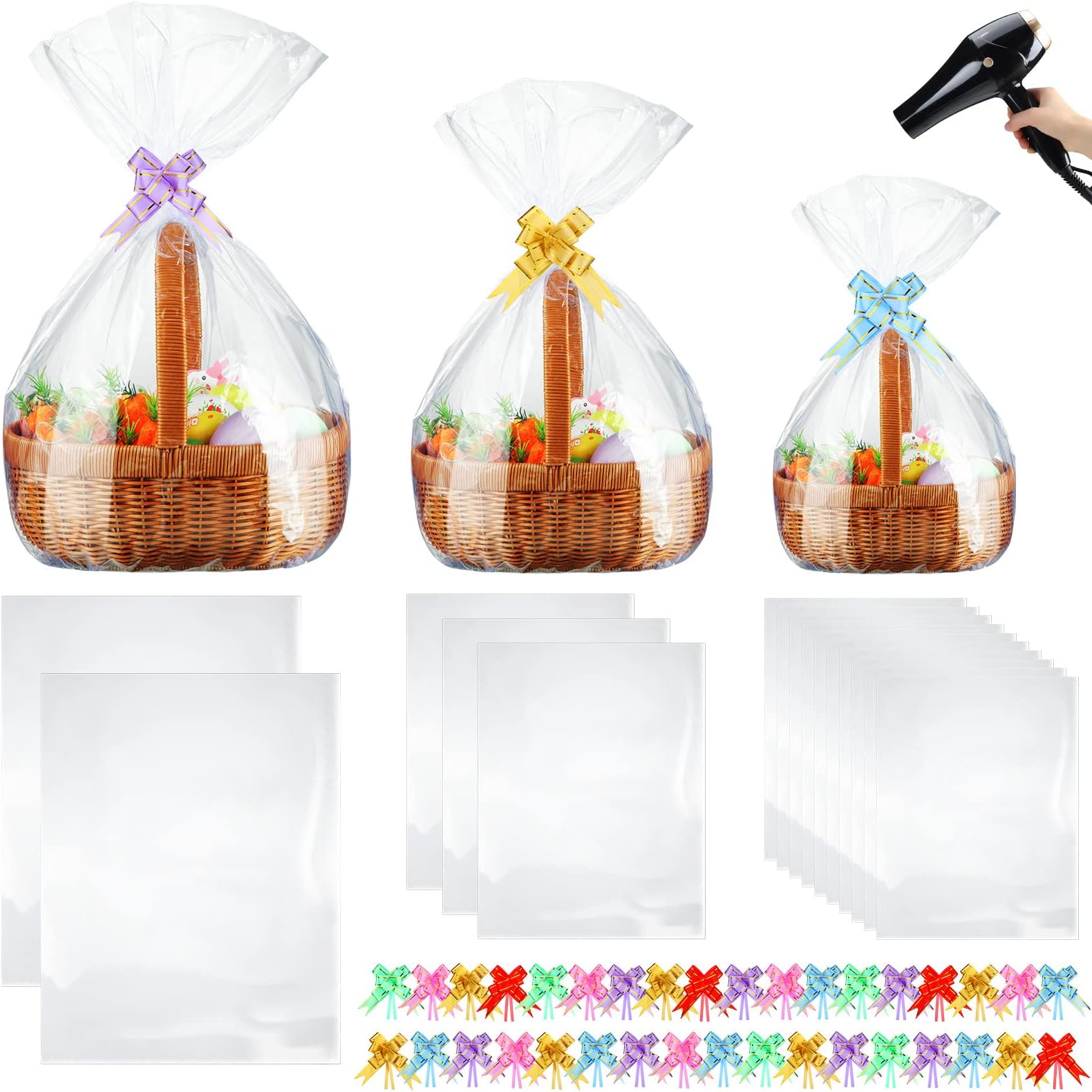 CHENGU 95 Pcs 3 Sizes Shrink Wrap Bags for Gift Baskets 20" x 28" 16" x 24" 14" x 18" Clear Plastic Heat Shrink Cellophane Bags and 6 Color Pull Bows for Easter Christmas Baskets Packaging