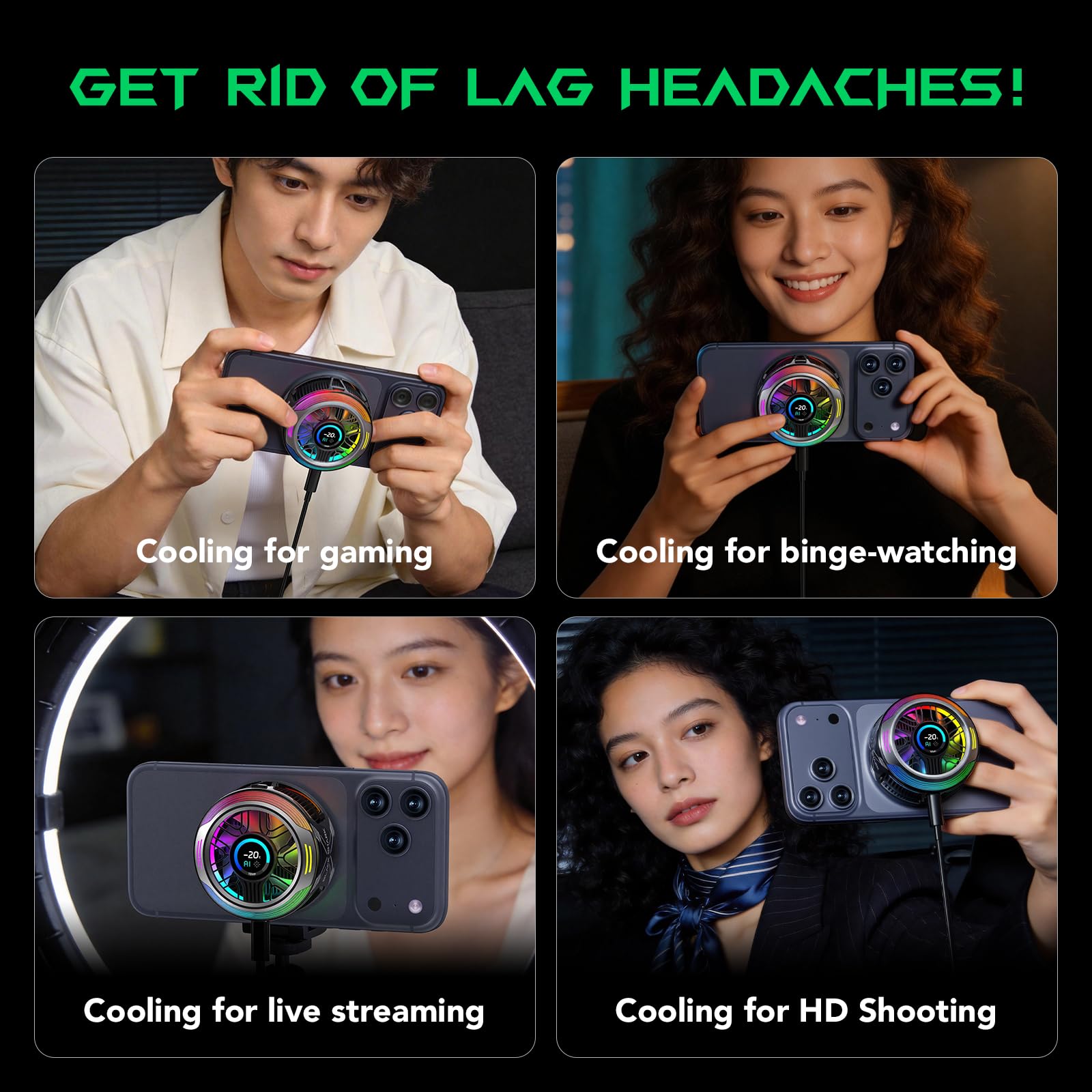 Black Shark Magnetic Phone Cooler 6 Pro inteligentny wyświetlacz magnetyczny pierścień LED RGB wentylator sterowany aplikacją dla iPhone MagSafe, Android i iPad - gaming, streaming