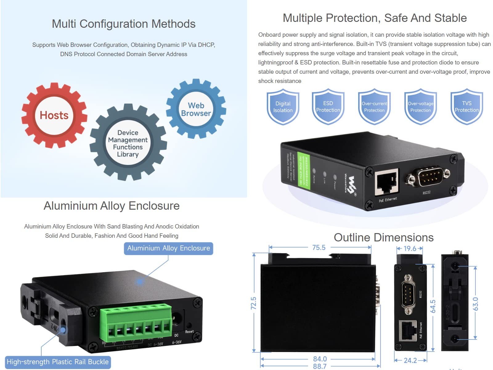 Waveshare RS232/RS485/RS422 to RJ45 Ethernet Converter Module, Industrial Rail-Mount Isolated Serial Server,TCP/IP to Serial Module,10 / 100M Auto-Negotiation RJ45 Connector