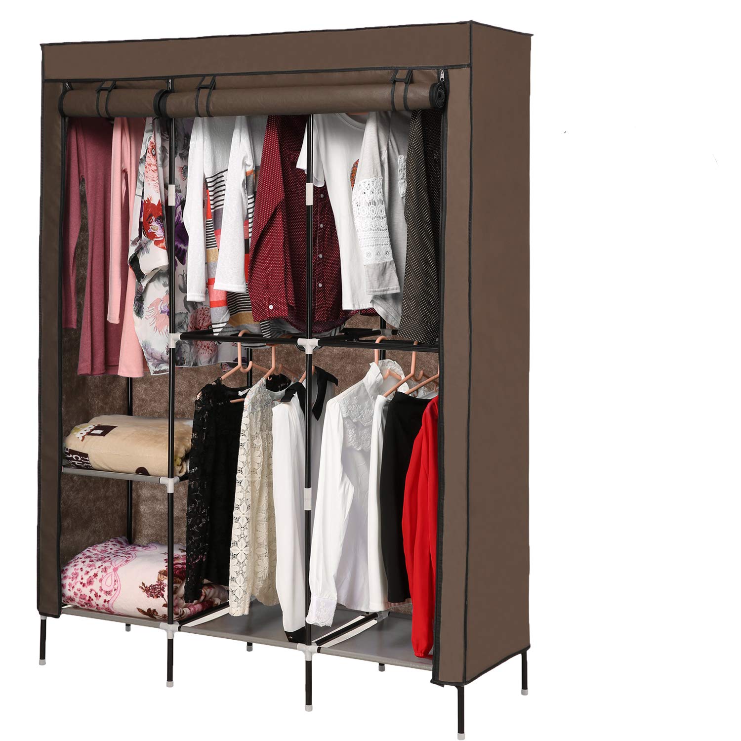 Hicient Portable Clothes Closet Wardrobe Storage Organizer with Breathable Fabric, Zippered Double Rod Closet, Easy to Assemble Strong Durability Bedroom Clothes Closet Organizer (Dark Brown)