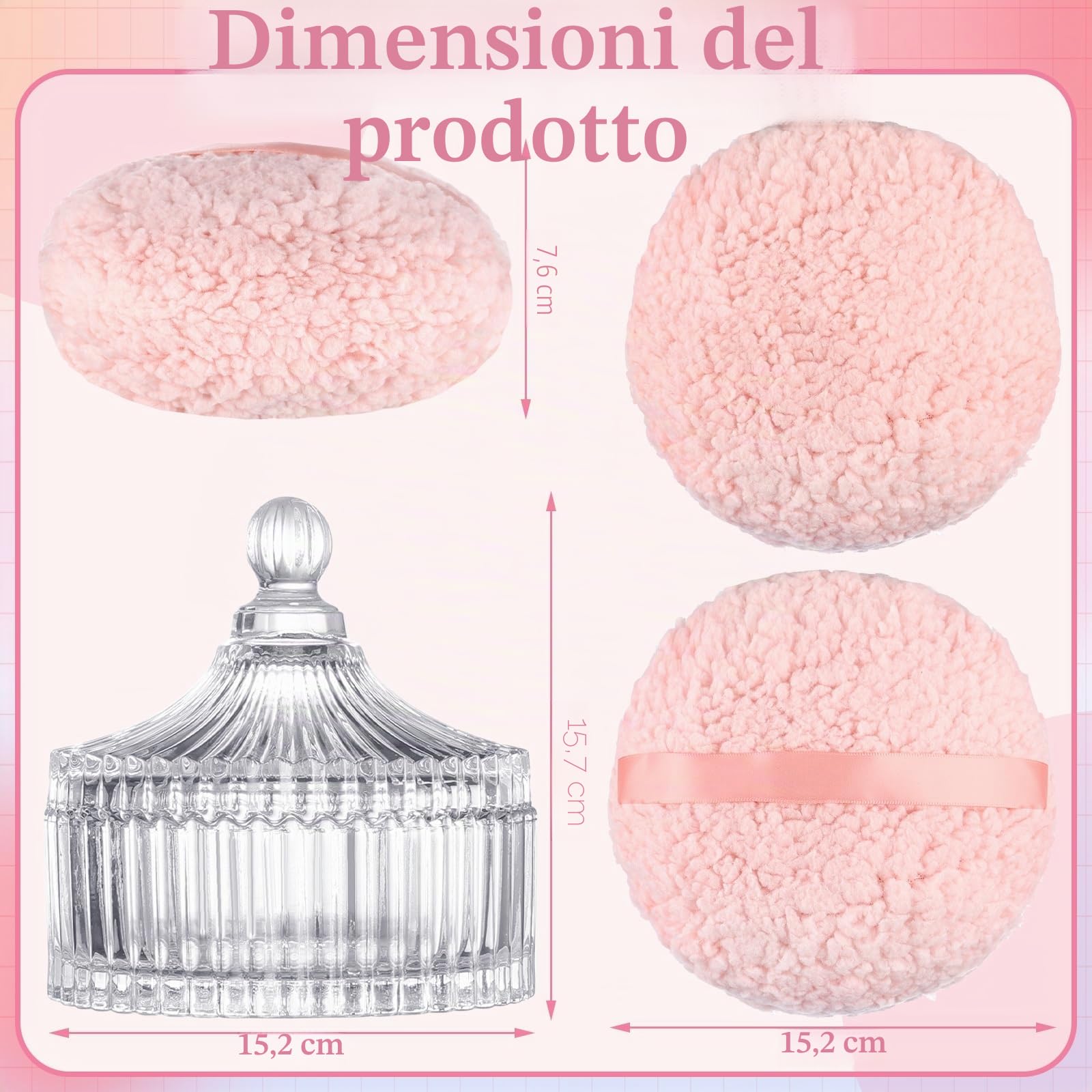 2 spugnette extra large per cipria e contenitore, per spolverare le donne | 6 pollici oversize, morbido velluto lavabile, con custodia in cristallo, trucco bagnato asciutto, rosa