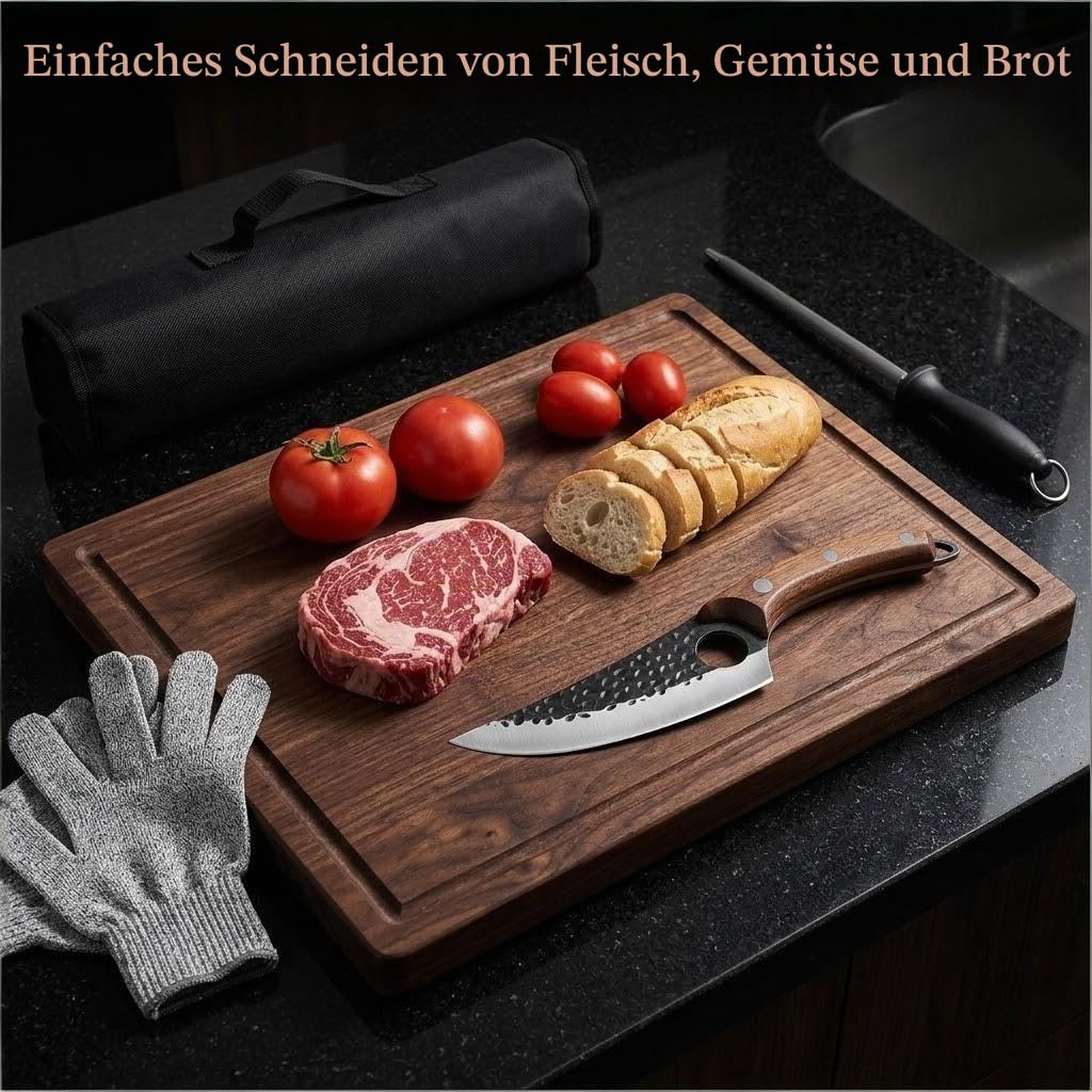 KLYTE 8-teiliges Messerset: Hackmesser & Kochmesser für BBQ | Perfektes Koch set für Männer & Grillset. Inkl. Metzgermesser, Tasche & Handschuh. Ideal als Camping Messer mit Holzgriff.