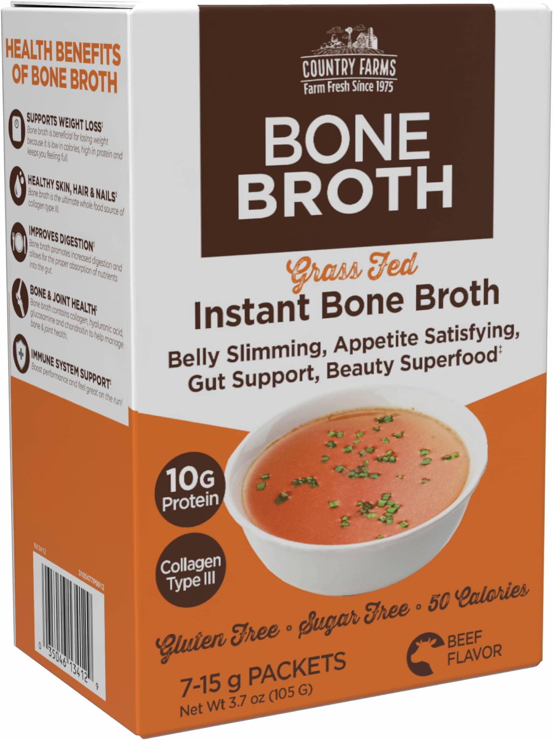 Skinny Broth, Instant Beef Bone Broth, 10G Protein, Collagen Type III, Promotes Better Digestion, Bone Health, 7 Day Plan, 7-15g Packets