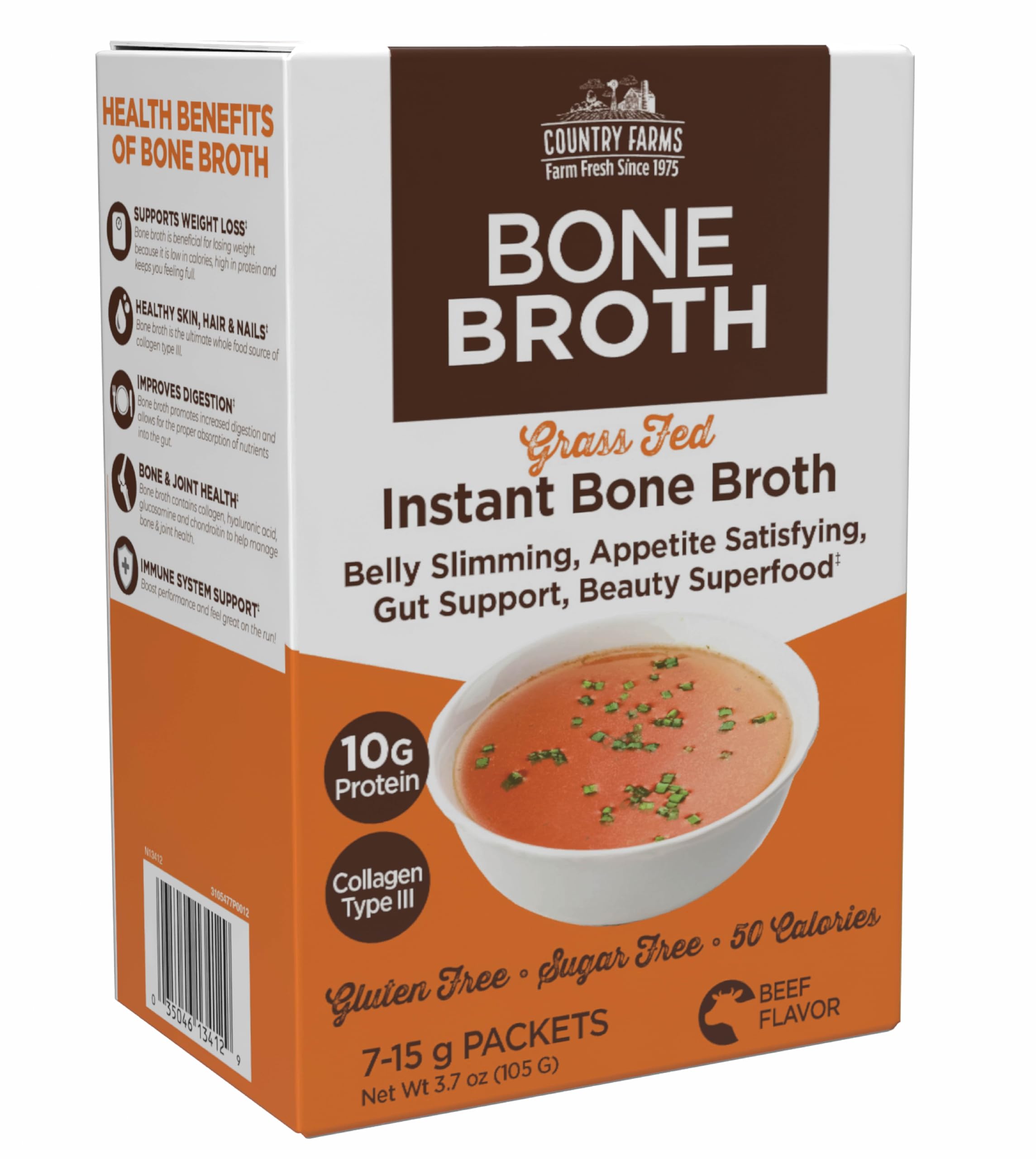 Country Farms Skinny Broth, Instant Beef Bone Broth, 10G Protein, Collagen Type III, Promotes Better Digestion, Bone Health, 7 Day Plan, 7-15g Packets