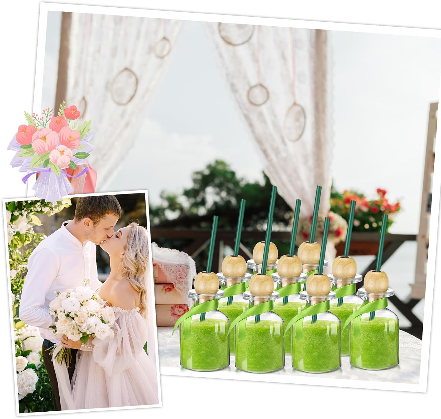 Hushee 12 Pcs 3oz/ 100ml Empty Patron Bottles with Straw Mini Tequila Bottles for Drinks Reusable Shot Glass Cups with Green Ribbon for Wedding Party Favor Personalized Decoration