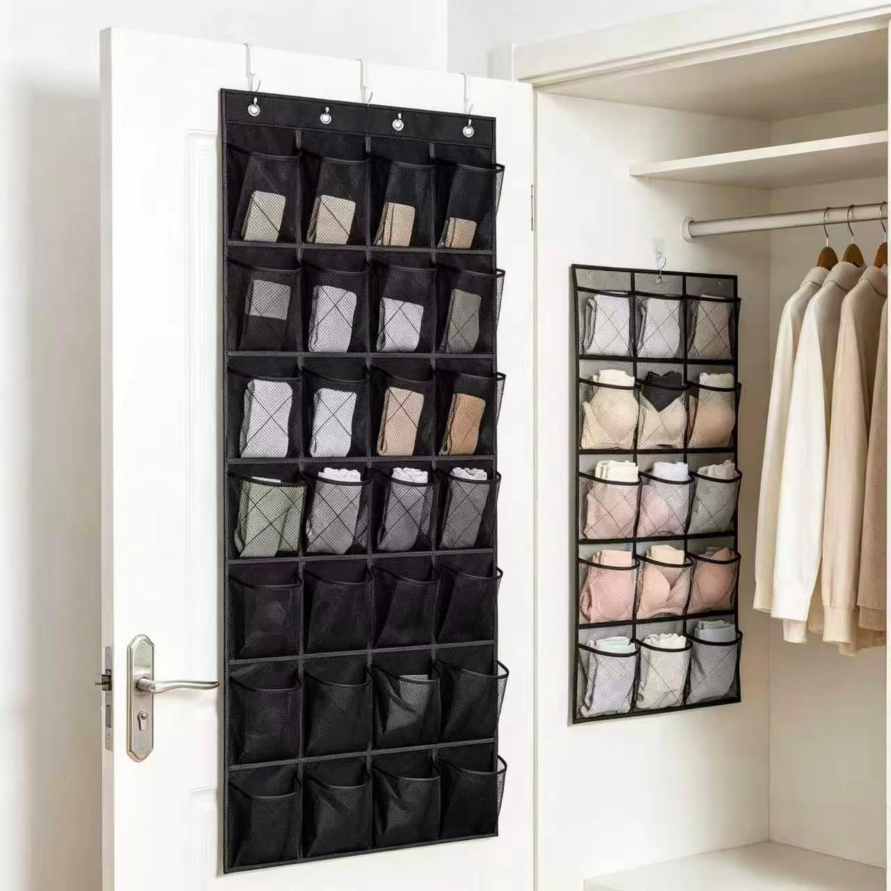 Over-the-Door Shoe Organizer, Foldable Fabric Hanging Shoe Storage Bag, 24/28/35 Optional, Large Capacity Non-Woven Fabric Storage Bag, Multi-Compartment Organizer for Shoes Socks,(Black 28-cell)