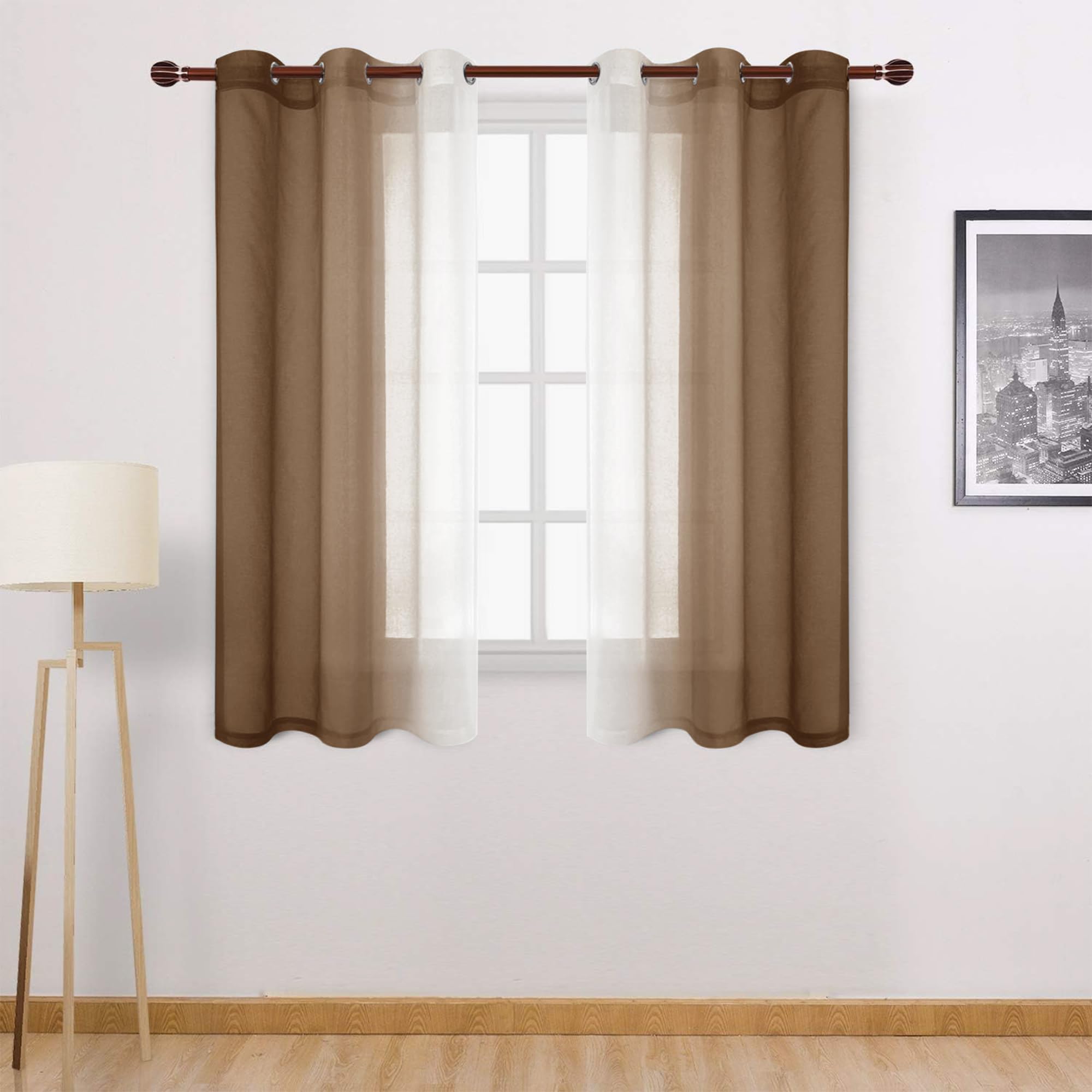 DWCN Ombre Short Sheer Curtains - Faux Linen Semi Voile Gradient Light-Filtering Bedroom and Living Room Curtains, Set of 2 Grommet Top Window Drape Panels, 42 x 54 Inch Length, Warm Brown