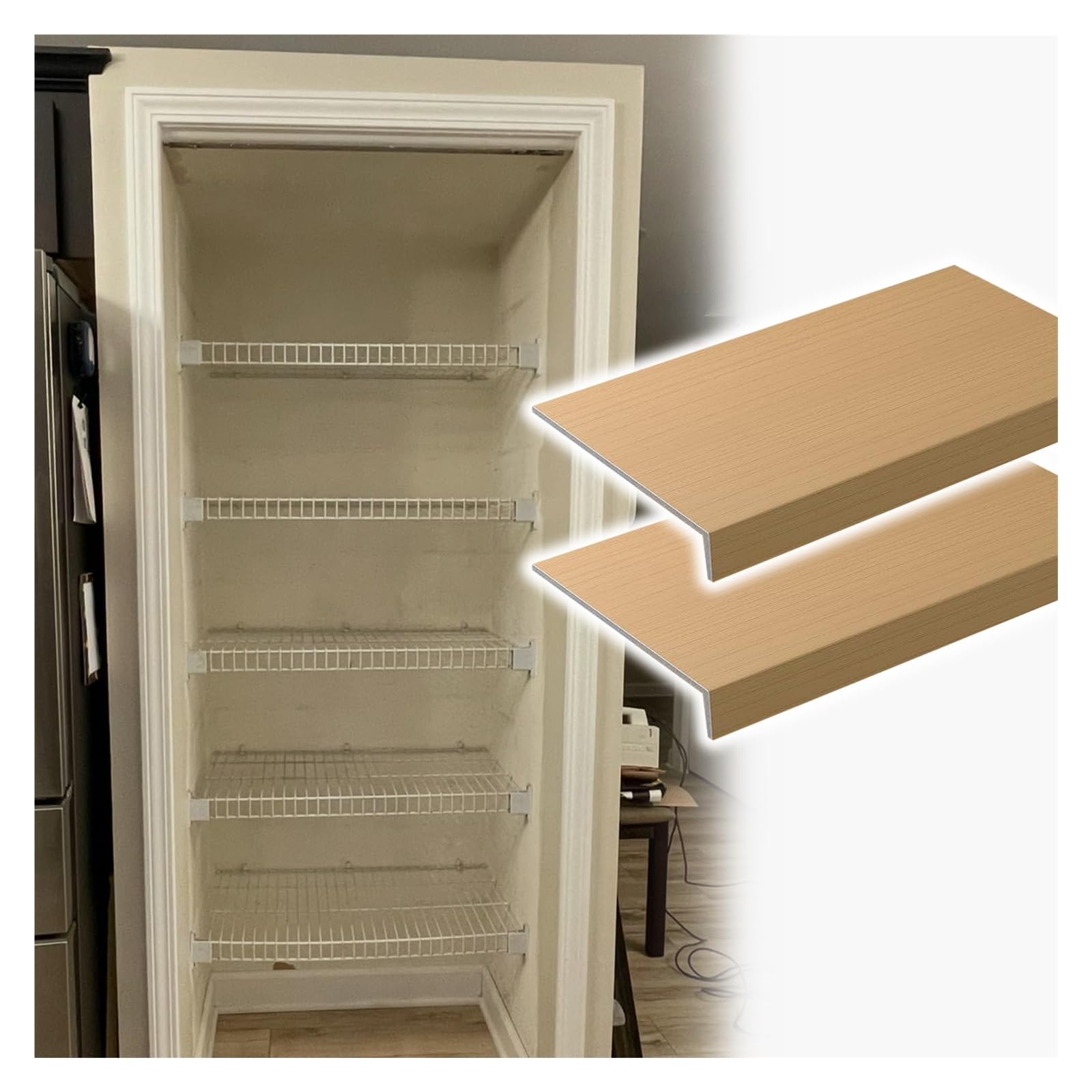 Cubierta para estantes de alambre con acabado de madera: balda extraíble de 2 niveles