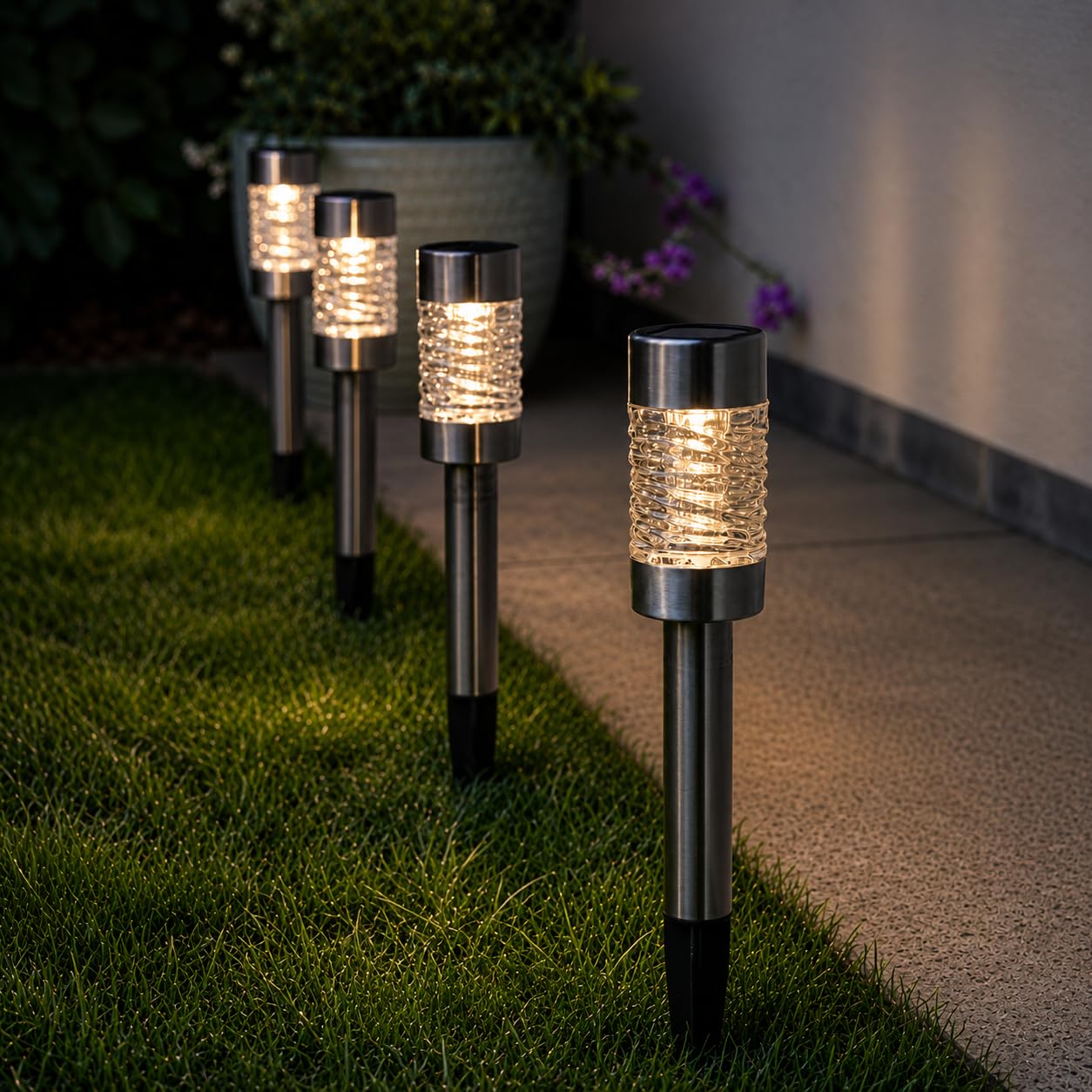 Festive Lights - Pack of 4 Solar Stainless Steel Silver Stake Lights - Dual Warm & Cool White LEDs, 42cm Height, IP44 Rated, Integrated Panel - Battery Included, Outdoor Garden Border Pathway Lighting