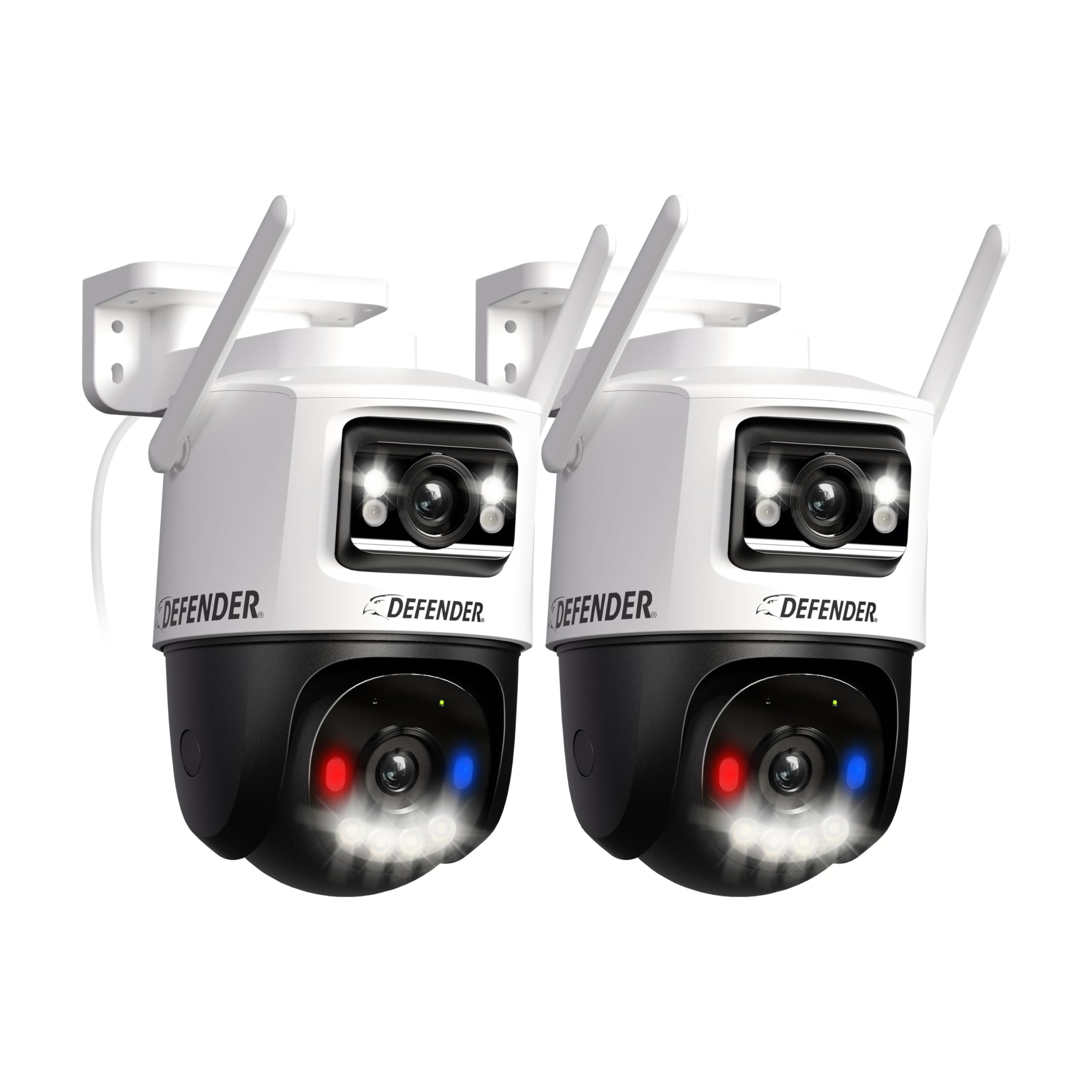 Defender AI Powered 2K+ Pro MAX Color Night Vision Dual Lens PTZ Plug-in WiFi 6 Security Camera, Pro-Grade Color Night Vision, Blue/Red Lights, AI Human/Vehicle Tracking, 2 Pack, Works w/Guard App