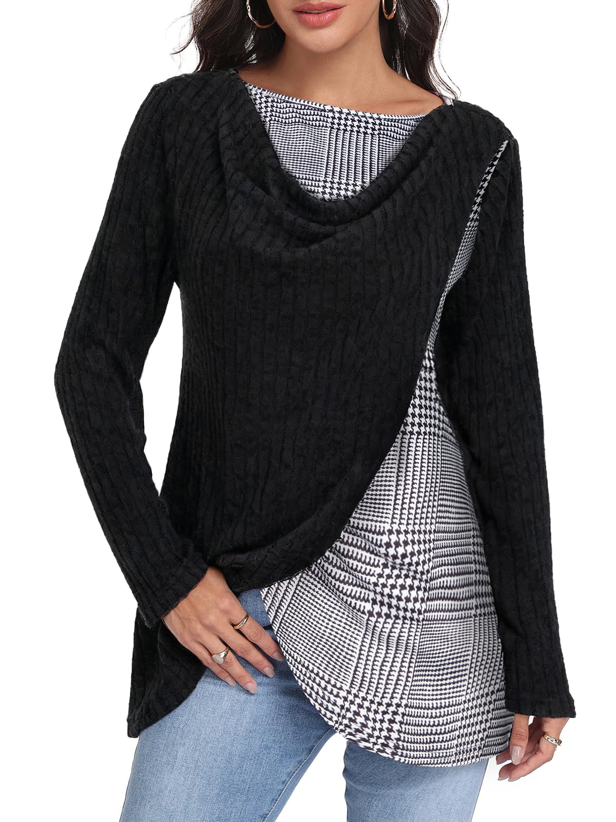 Miusey Womens Cowl Neck Tunic Sweater Long Sleeve Knit Pullover with Plaid Patchwork for Fall Winter Casual Christmas
