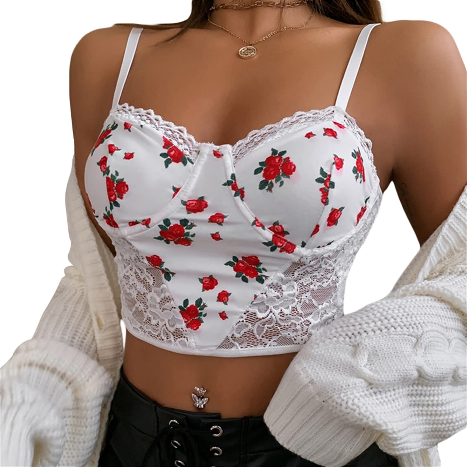 Women's Sexy Lace Corset Crop Top Y2K Sleeveless Spaghetti Strap Cami Tanks Push Up Bustiers Corsets Clubwear |E-White Floral |S-image-49