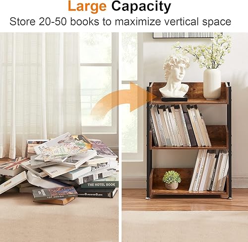 Miniatura 4 de VECELO Estantería pequeña, estantes de almacenamiento de 3 niveles, estantería industrial para sala de estar, dormitorio, aula, color marrón antiguo